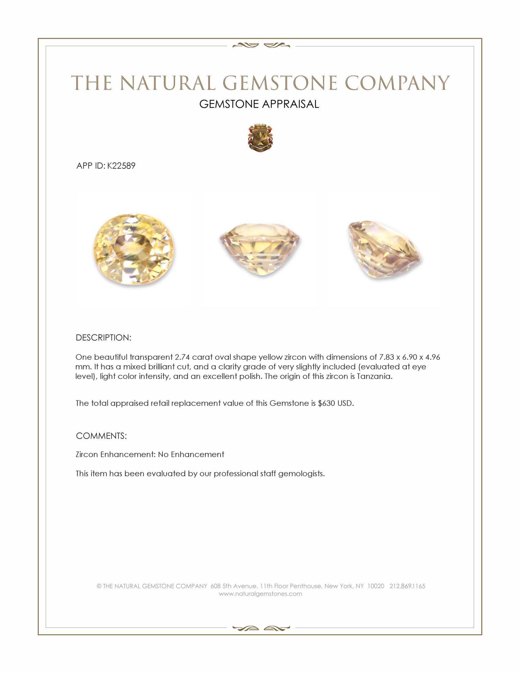 2.74 Ct. Yellow Zircon from Tanzania