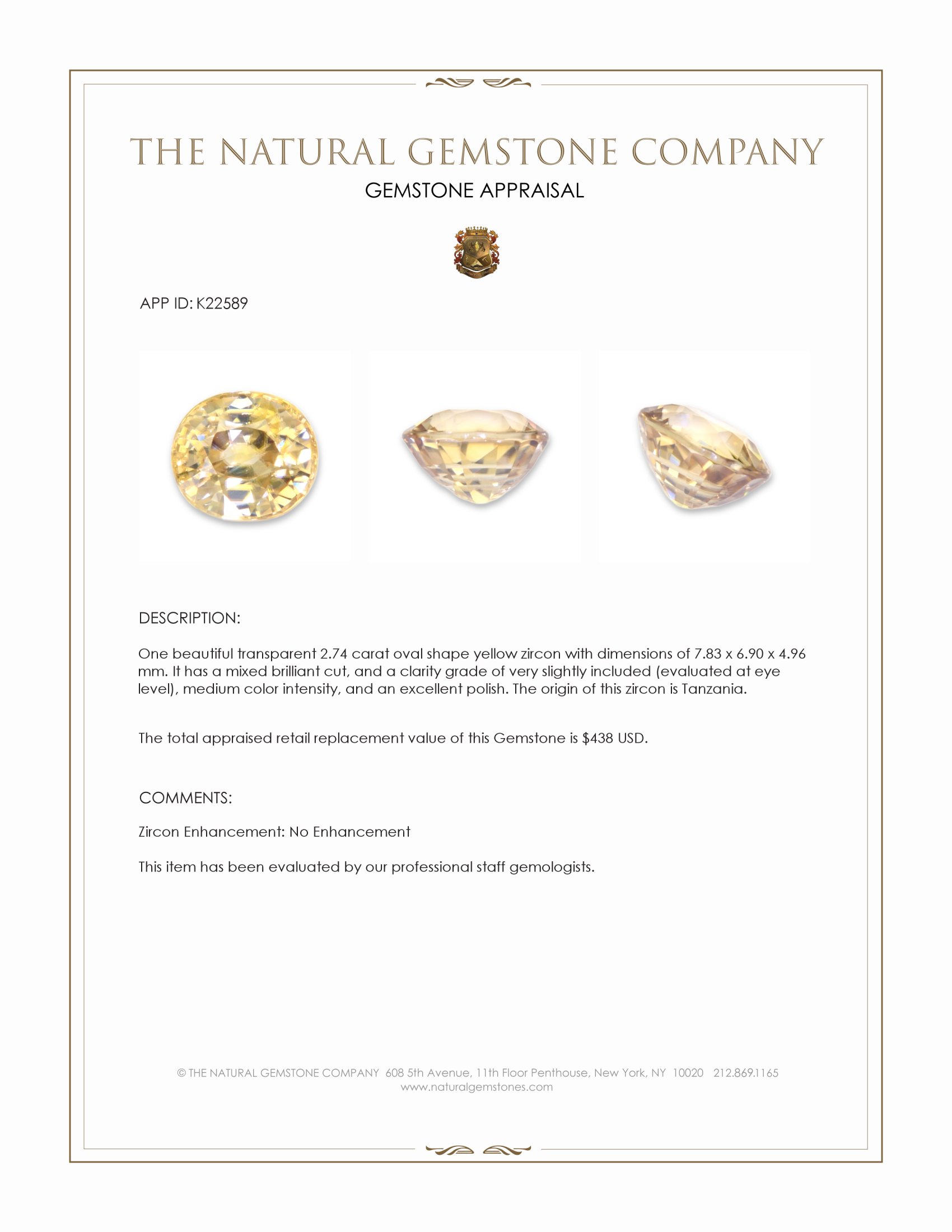 2.74 Ct. Yellow Zircon from Tanzania