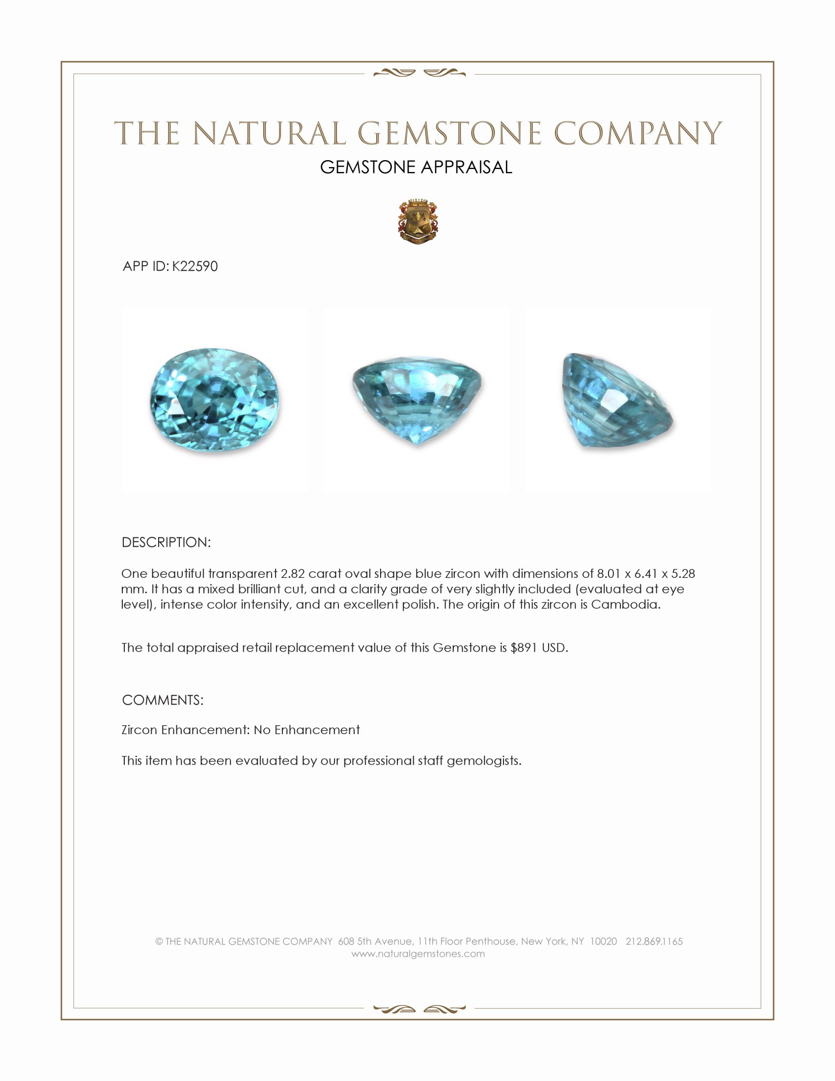 2.82 Ct. Blue Zircon from Cambodia