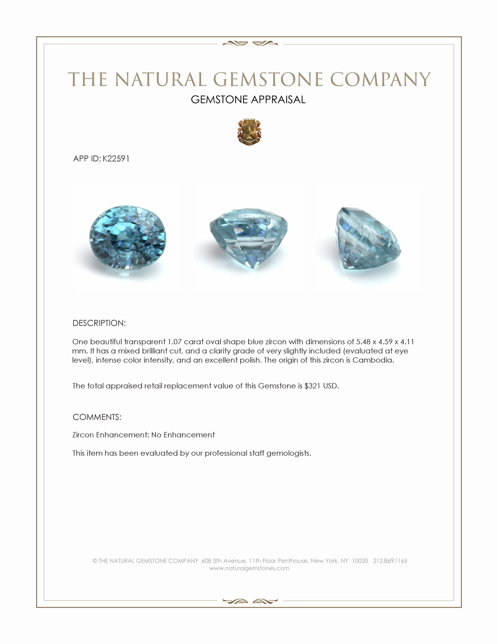 1.07 Ct. Greenish Blue Zircon from Cambodia