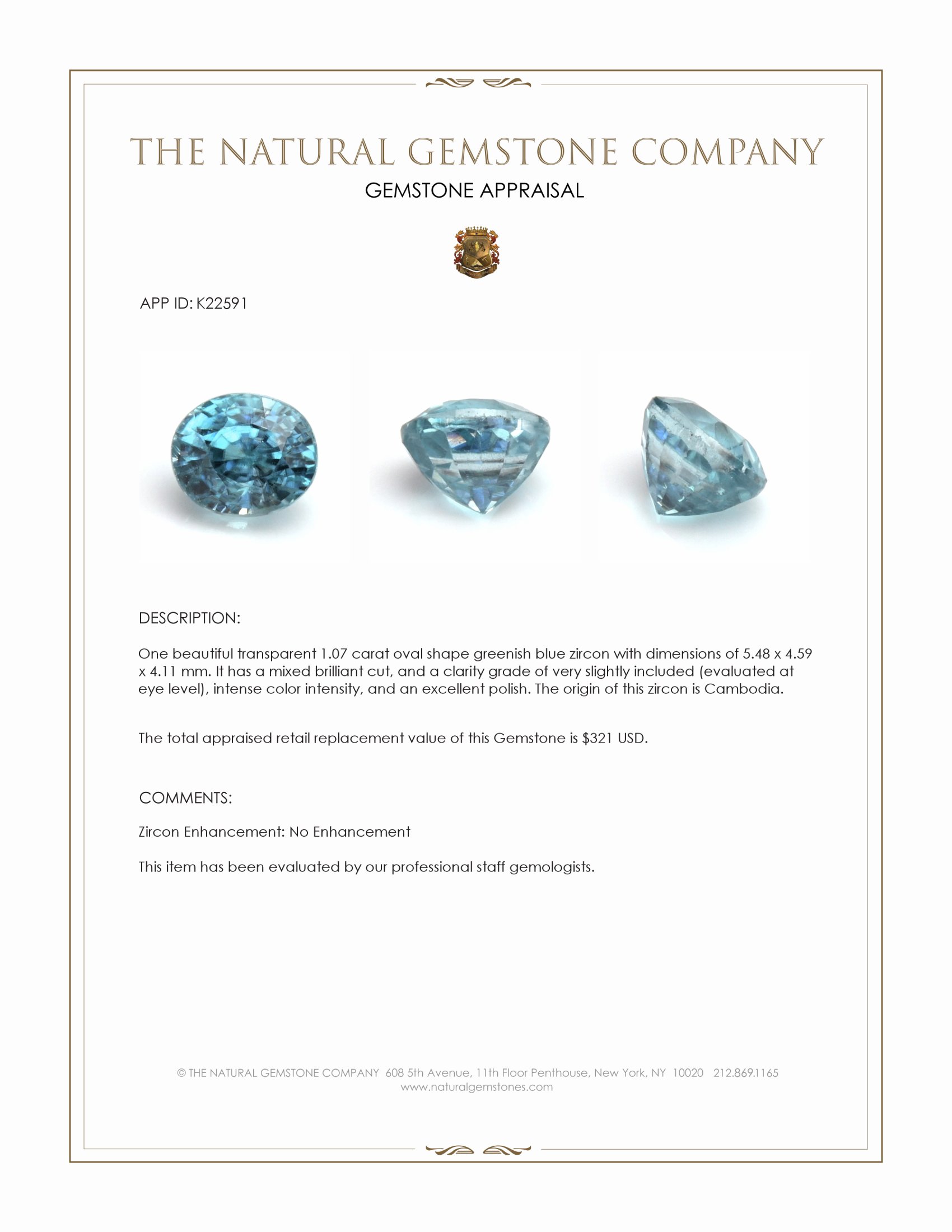1.07 Ct. Greenish Blue Zircon from Cambodia