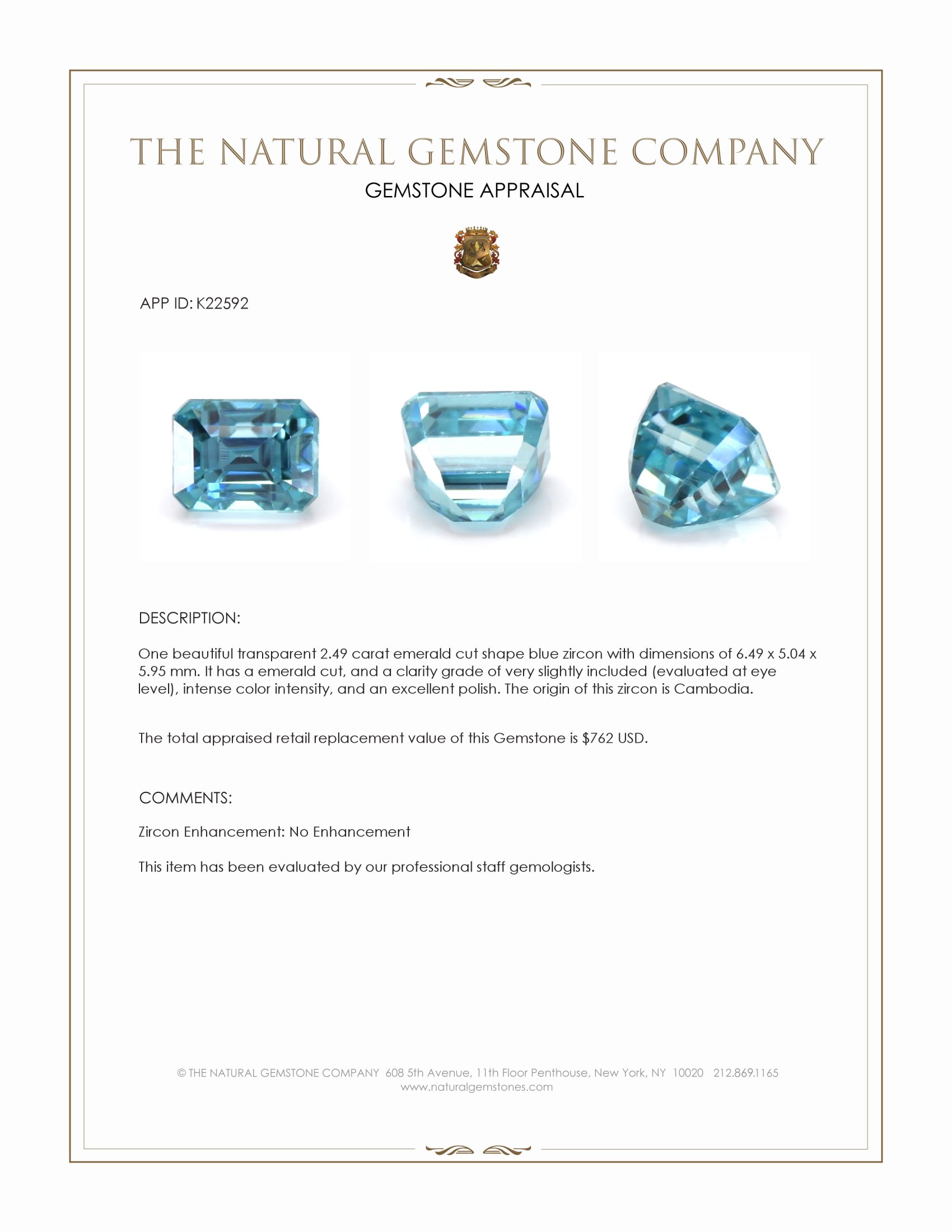 2.49 Ct. Greenish Blue Zircon from Cambodia