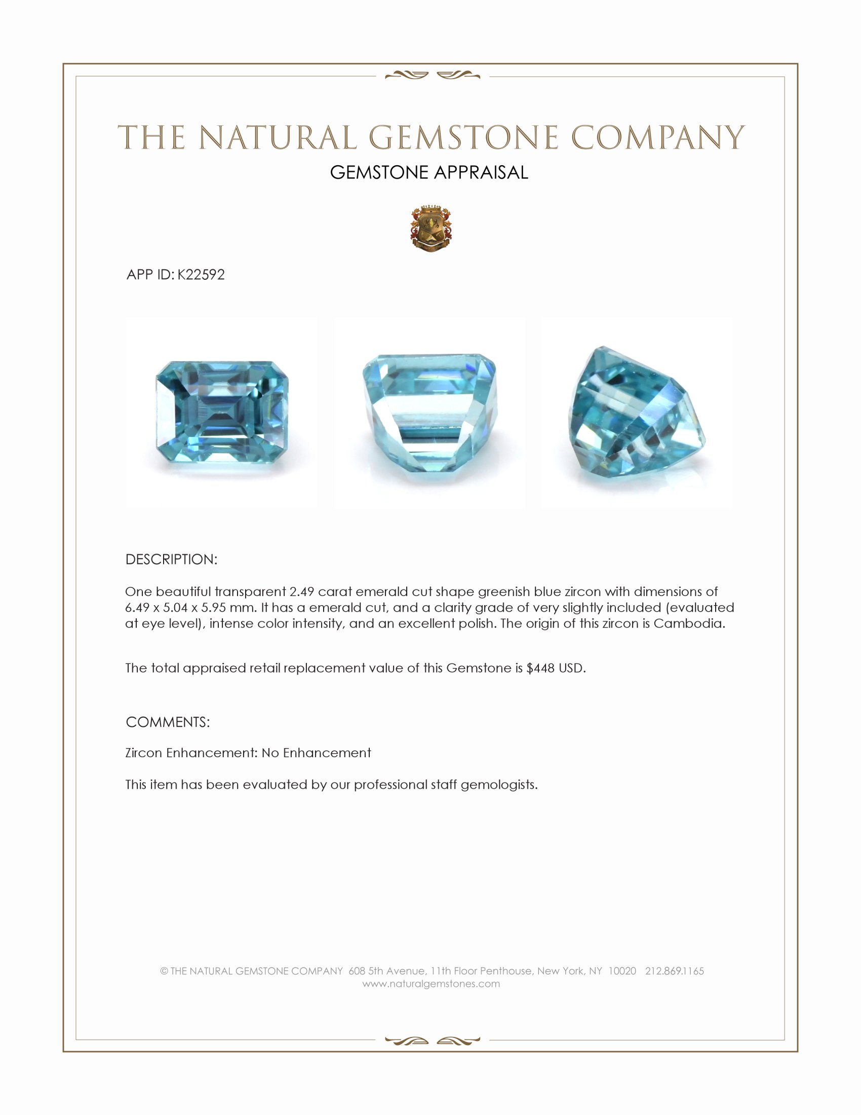 2.49 Ct. Greenish Blue Zircon from Cambodia