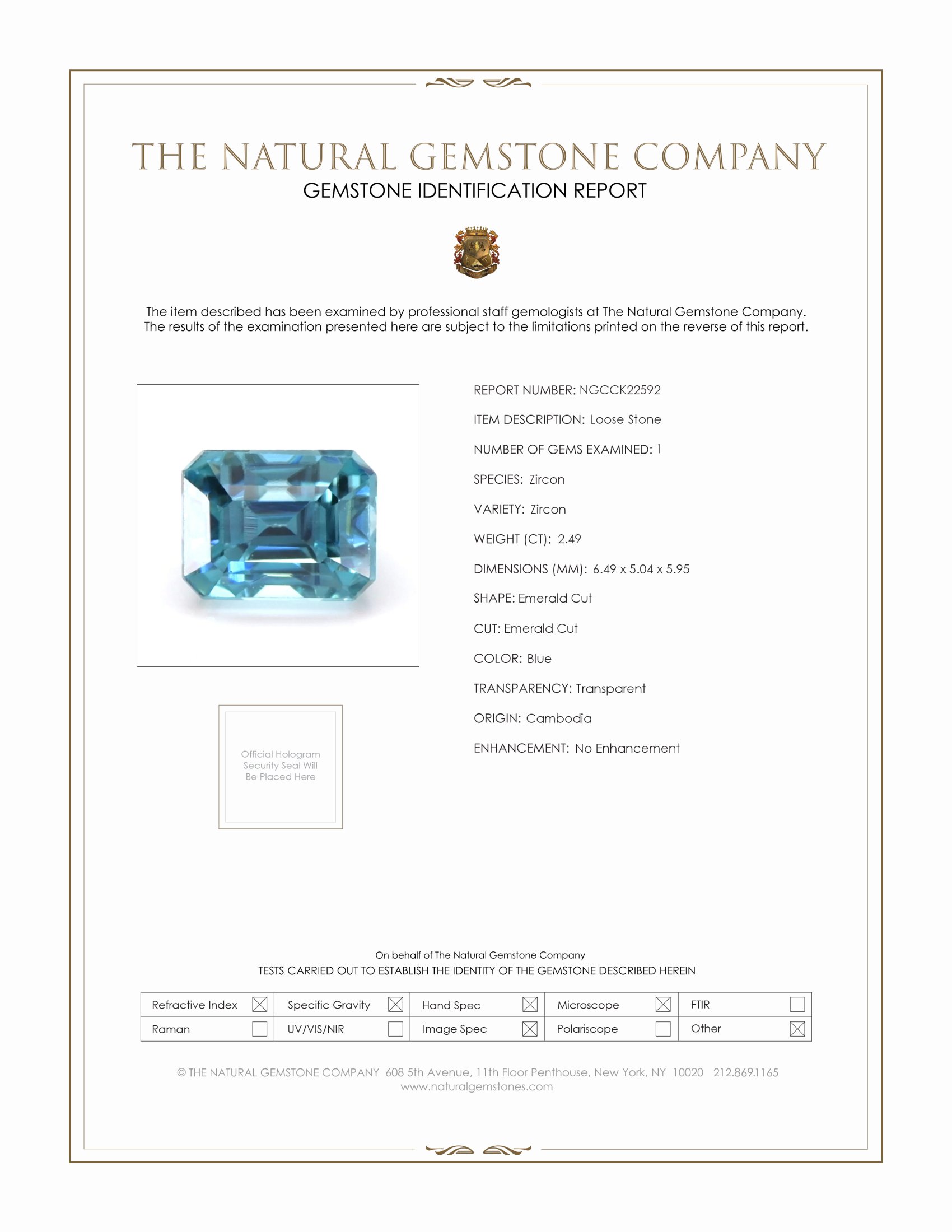 2.49 Ct. Greenish Blue Zircon from Cambodia