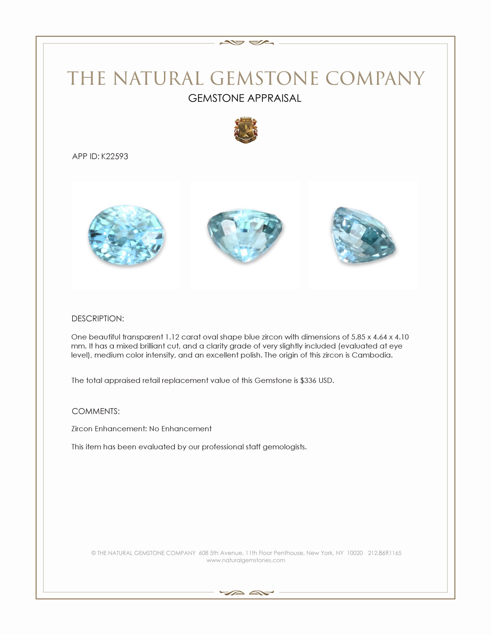 1.12 Ct. Greenish Blue Zircon from Cambodia