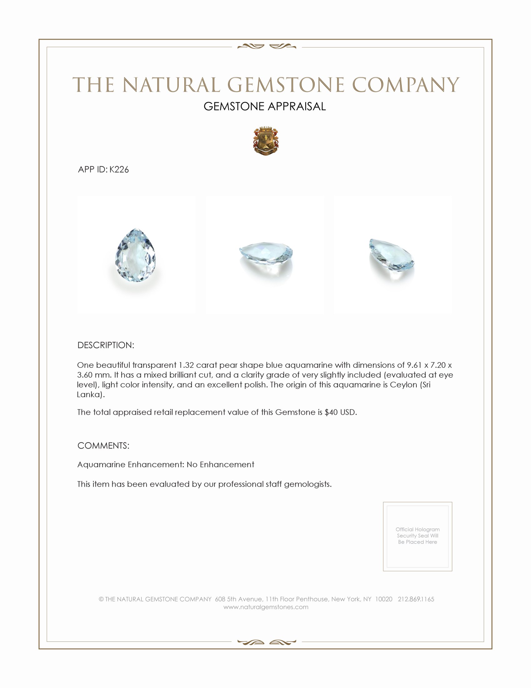 1.32 Ct. Aquamarine from Ceylon (Sri Lanka)