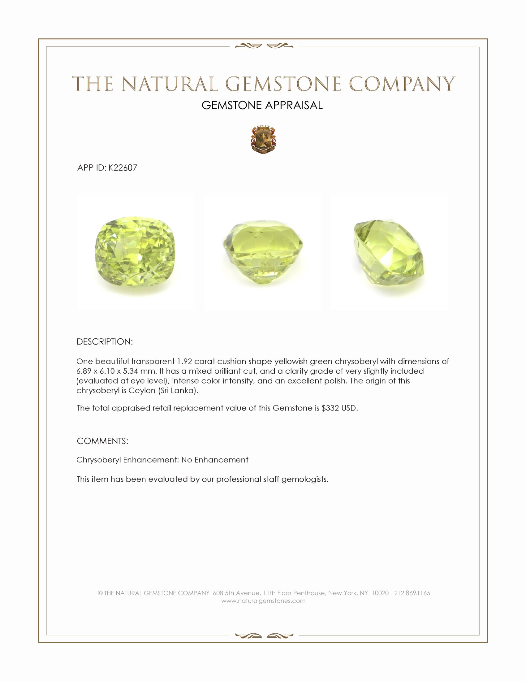 1.92 Ct. Chrysoberyl from Ceylon (Sri Lanka)
