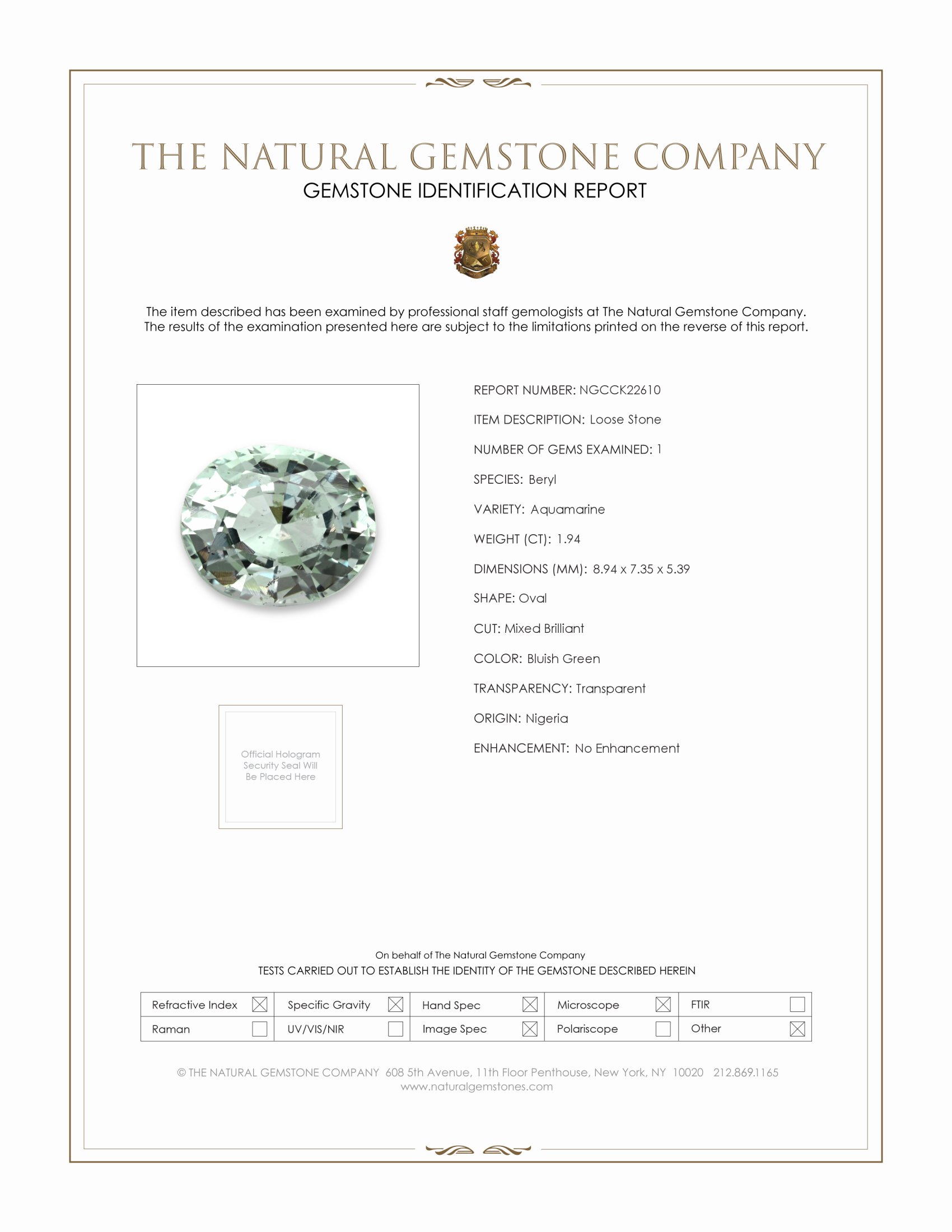 1.94 Ct. Bluish Green Aquamarine from Nigeria