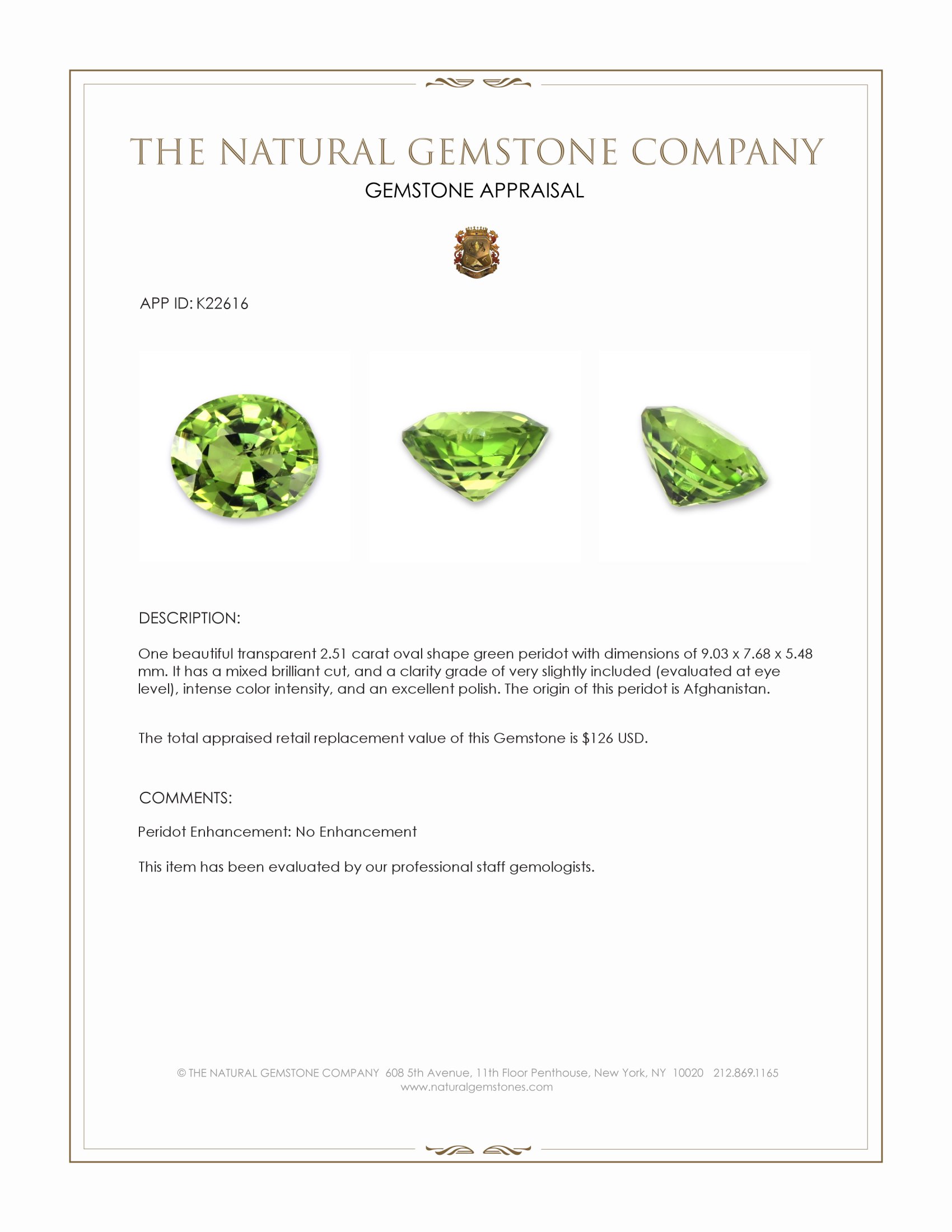 2.51 Ct. Green (Lime Green) Peridot from Afghanistan