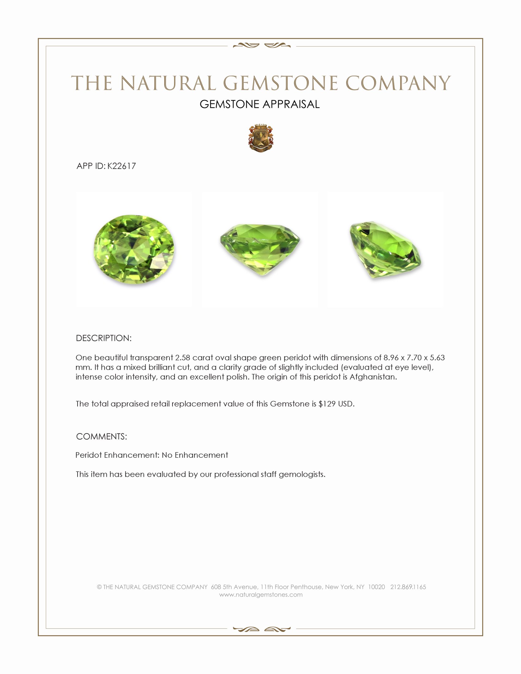 2.58 Ct. Green (Lime Green) Peridot from Afghanistan