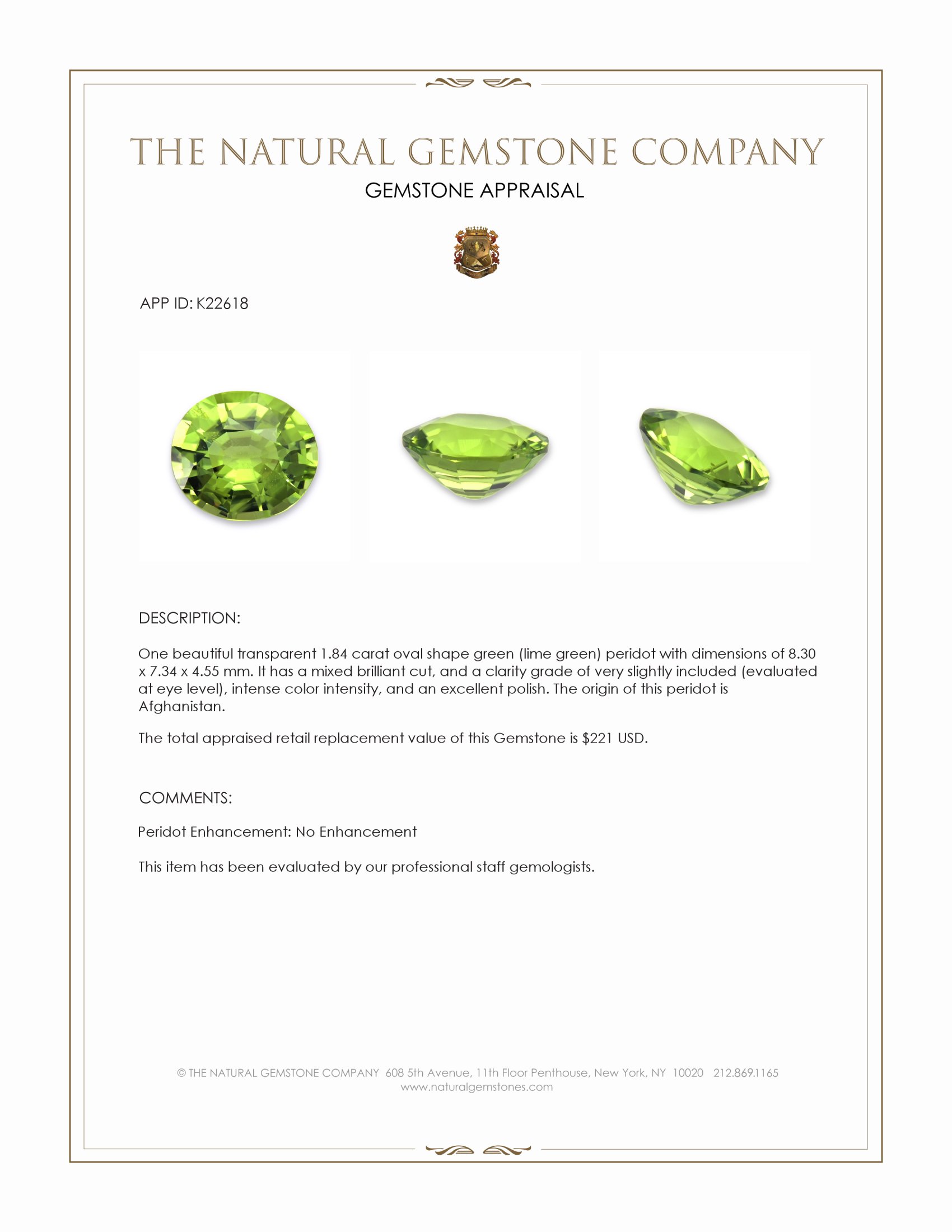 1.84 Ct. Green (Lime Green) Peridot from Afghanistan