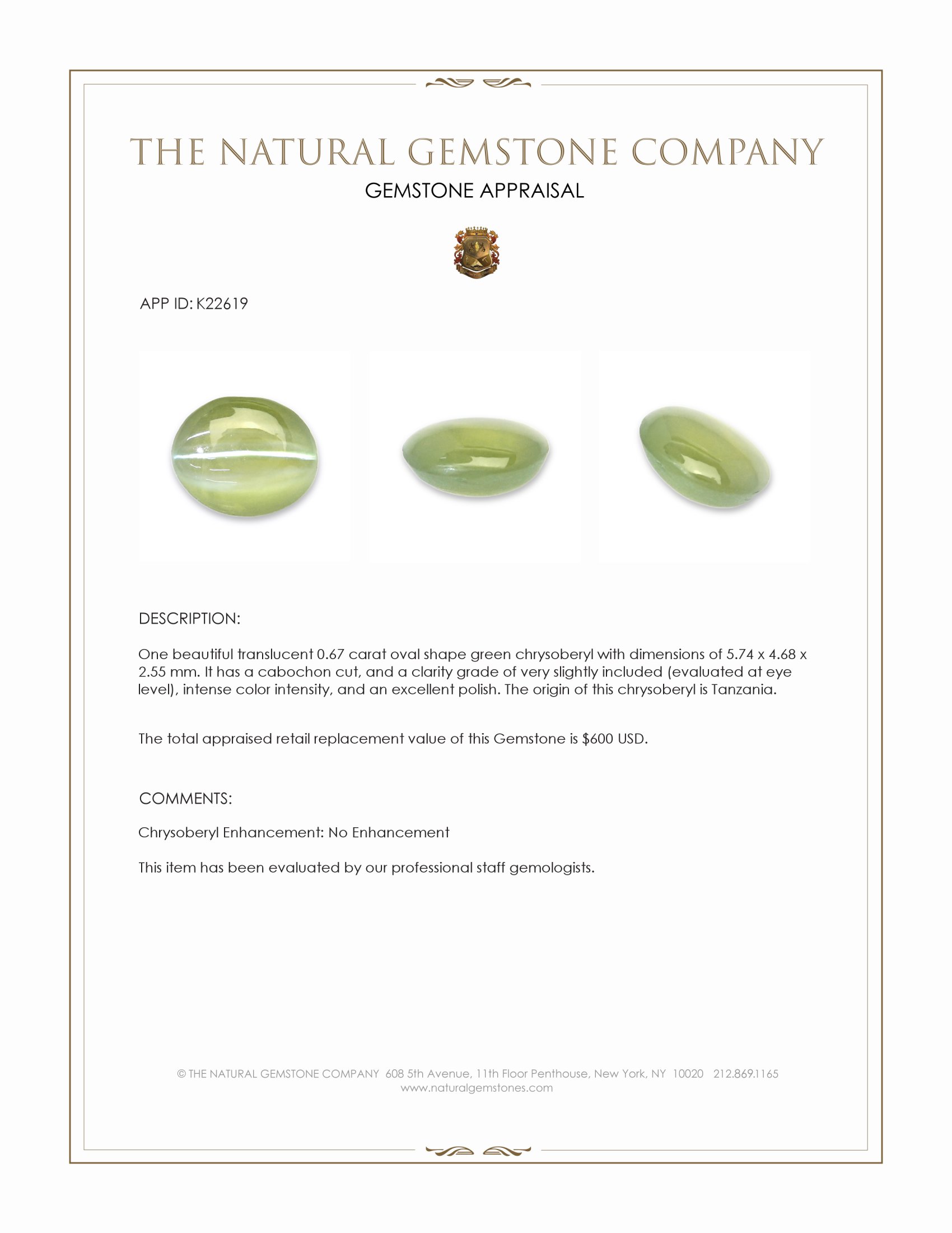 0.67 Ct. Green Cabochon Chrysoberyl from Tanzania