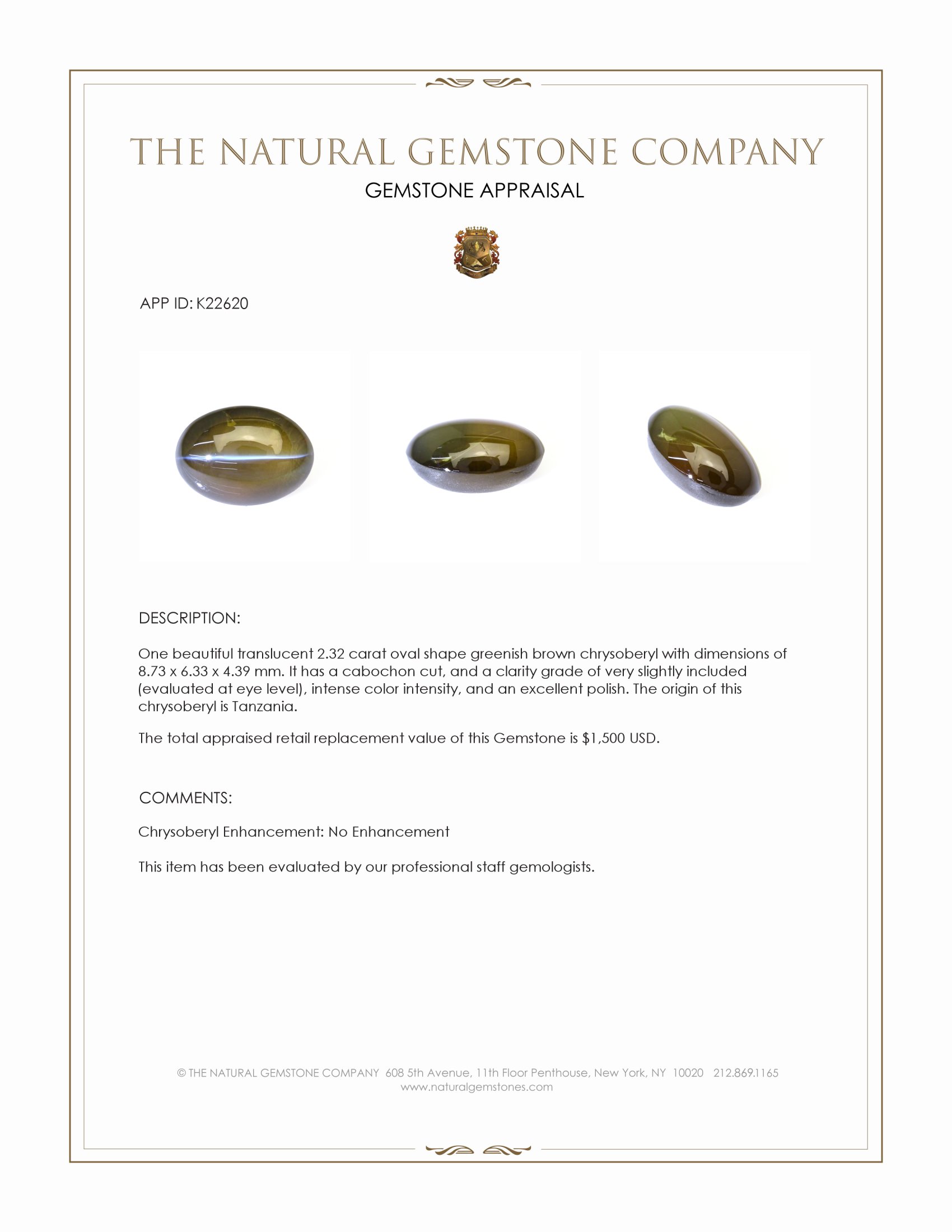 2.32 Ct. Greenish Brown Cabochon Chrysoberyl from Tanzania