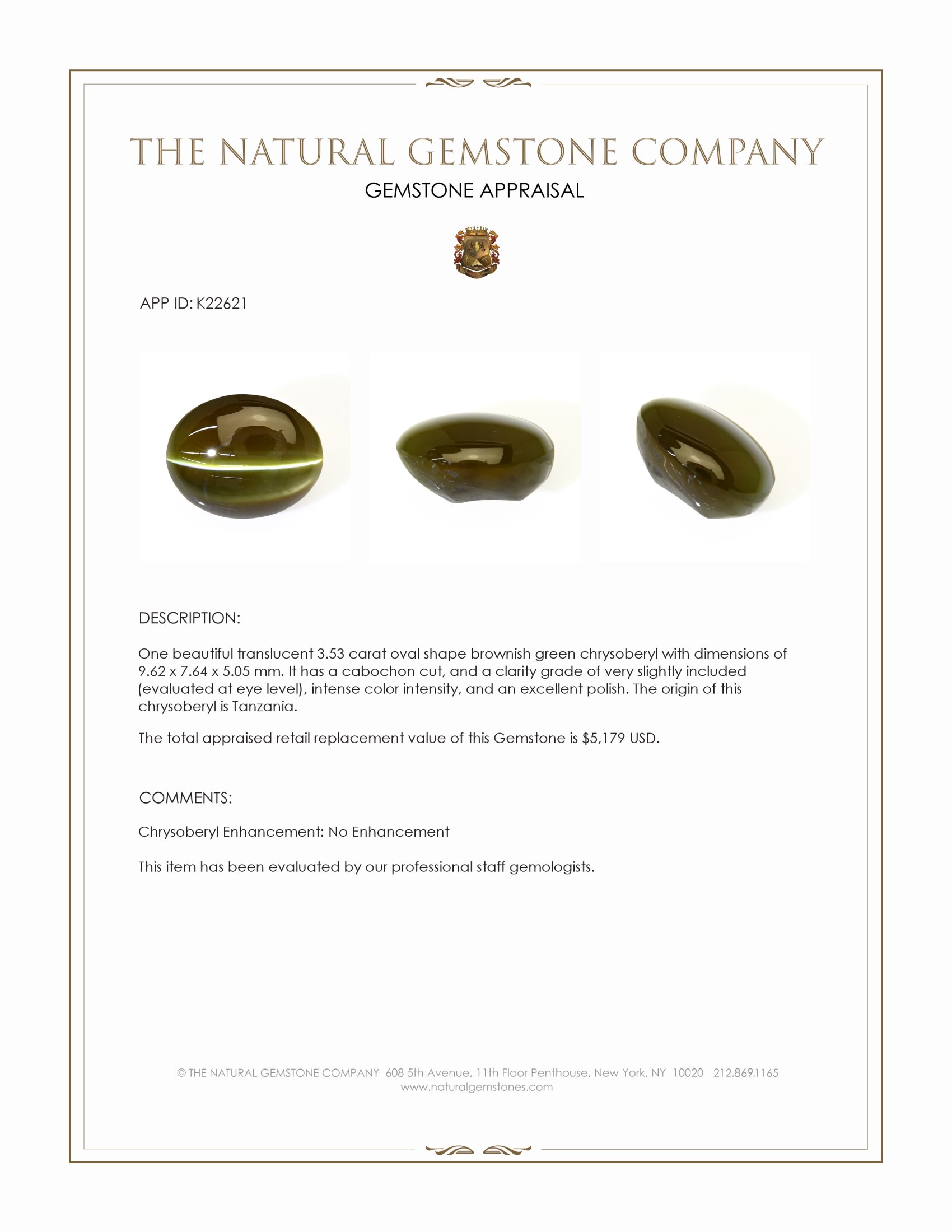 3.53 Ct. Brownish Green Cabochon Chrysoberyl from Tanzania