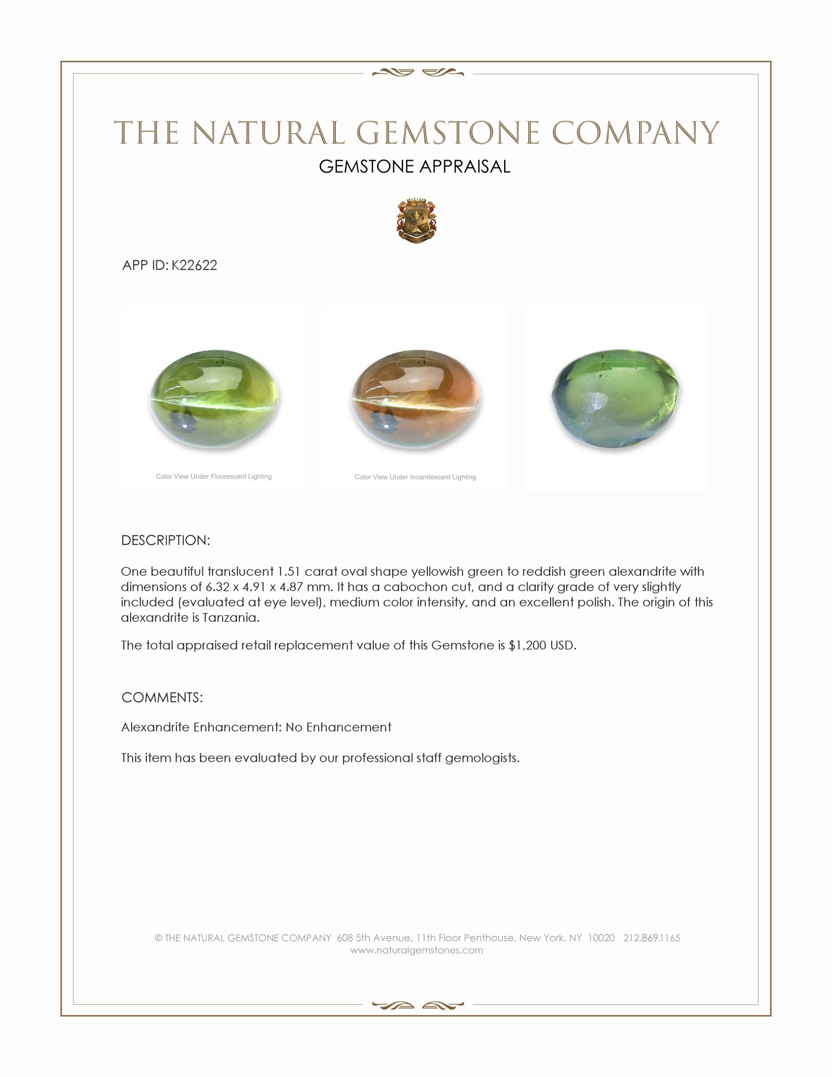 1.51 Ct. Cabochon Alexandrite from Tanzania