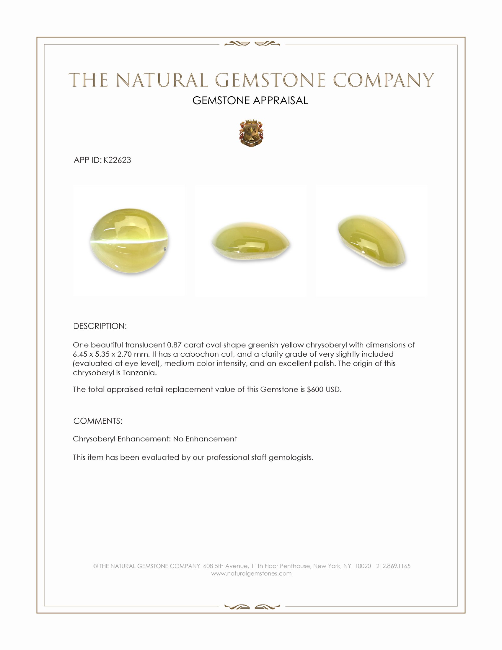 0.87 Ct. Greenish Yellow Cabochon Chrysoberyl from Tanzania