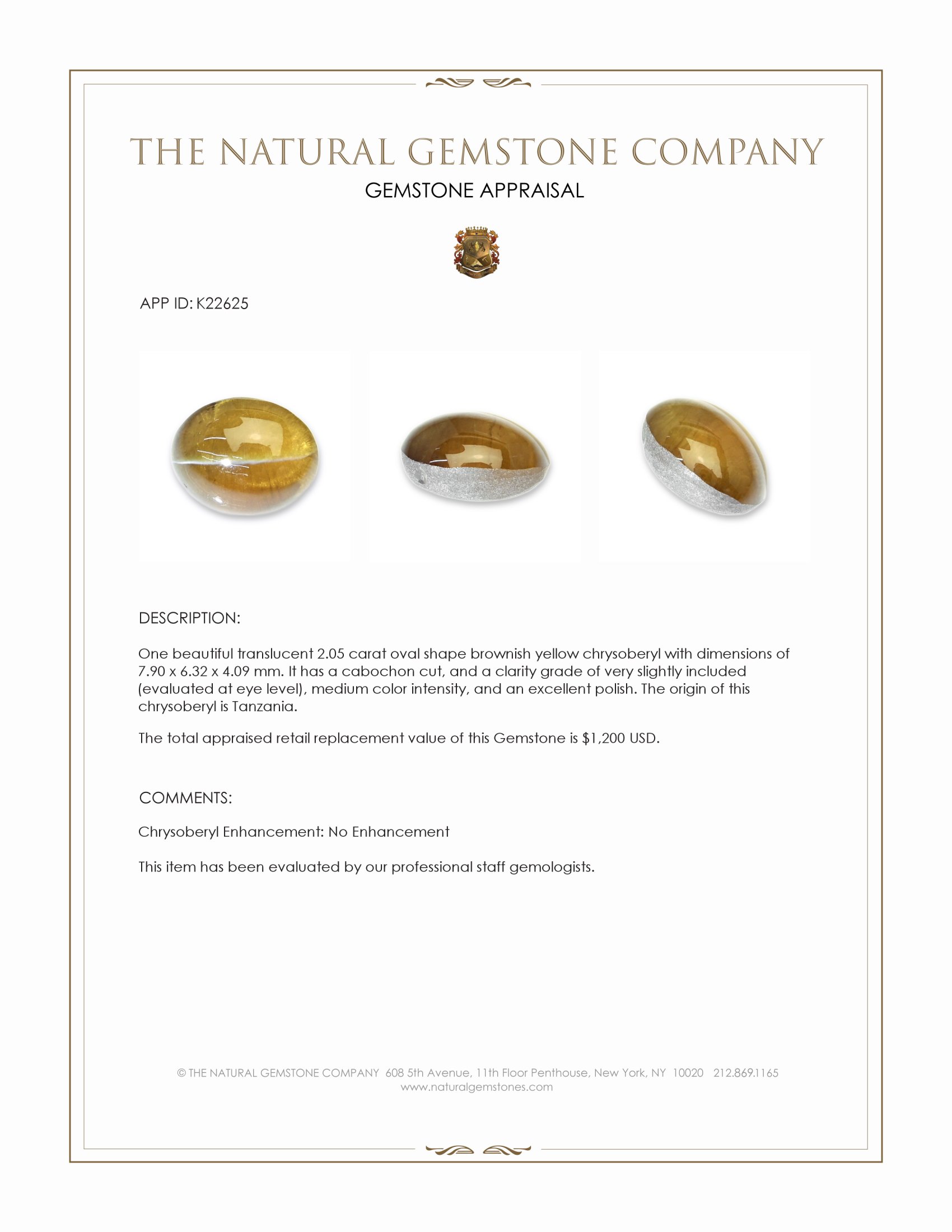 2.05 Ct. Brownish Yellow Cabochon Chrysoberyl from Tanzania