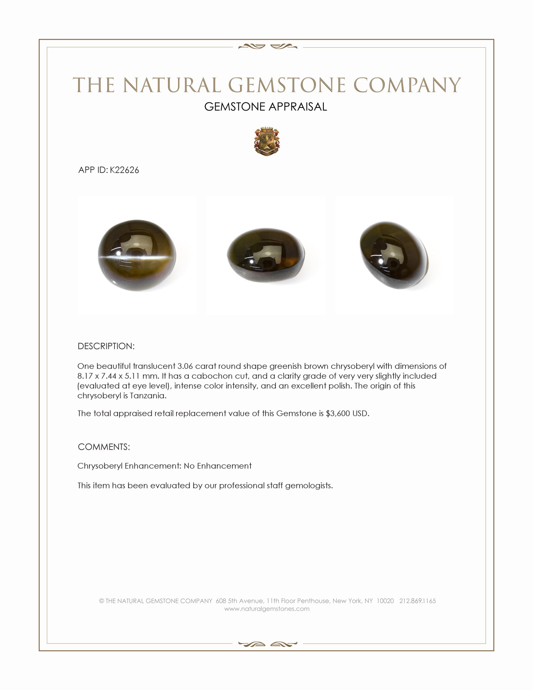 3.06 Ct. Greenish Brown Cabochon Chrysoberyl from Tanzania
