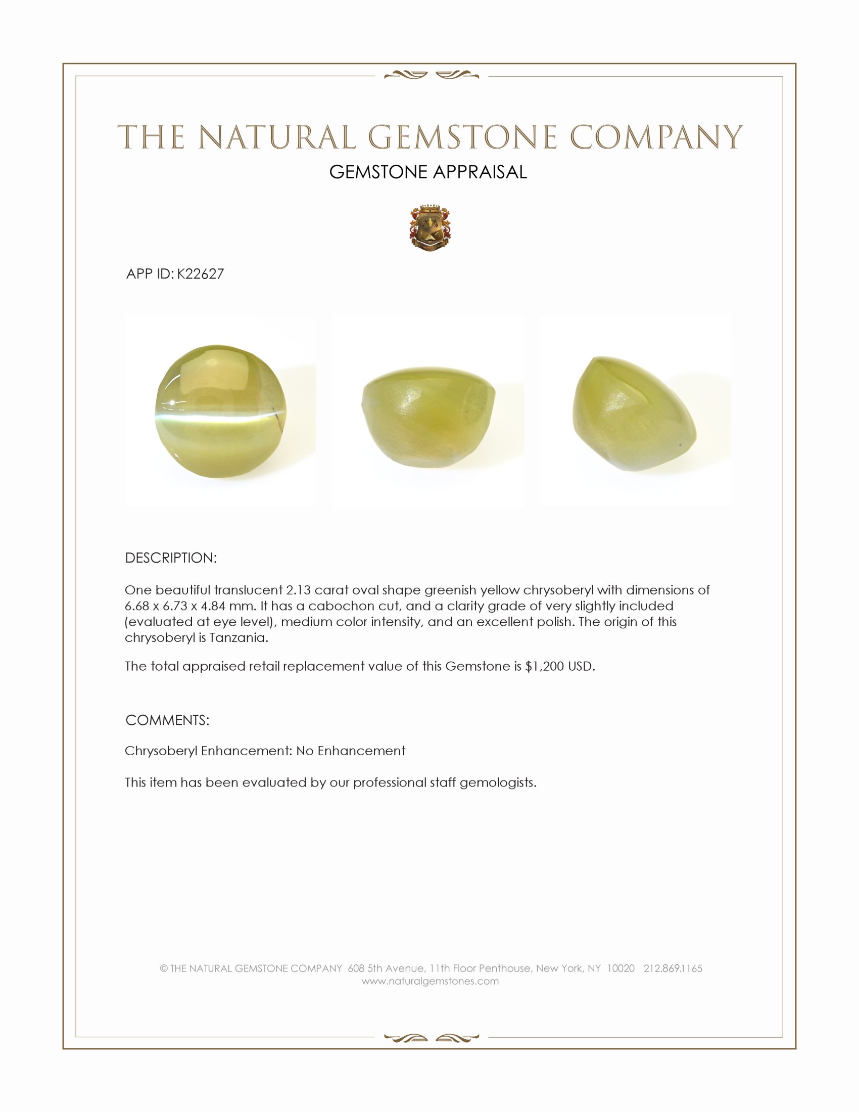 2.13 Ct. Greenish Yellow Cabochon Chrysoberyl from Tanzania