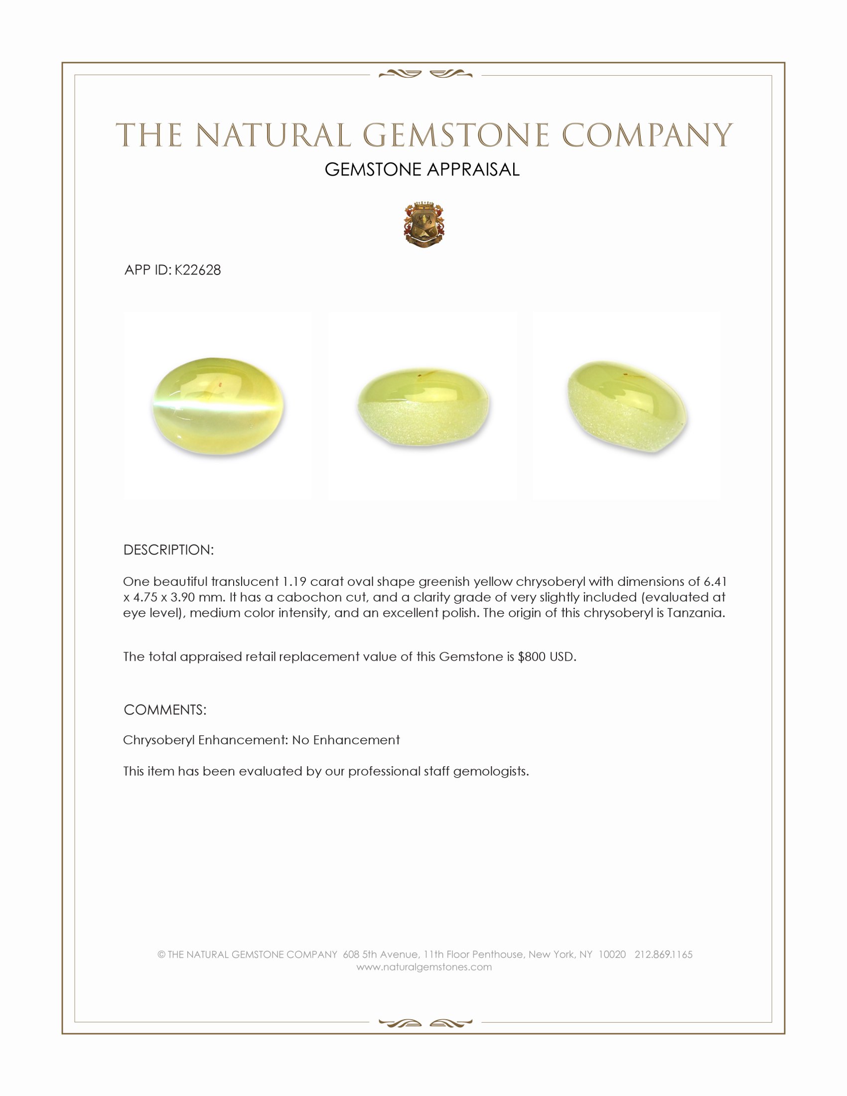 1.19 Ct. Cabochon Chrysoberyl from Tanzania