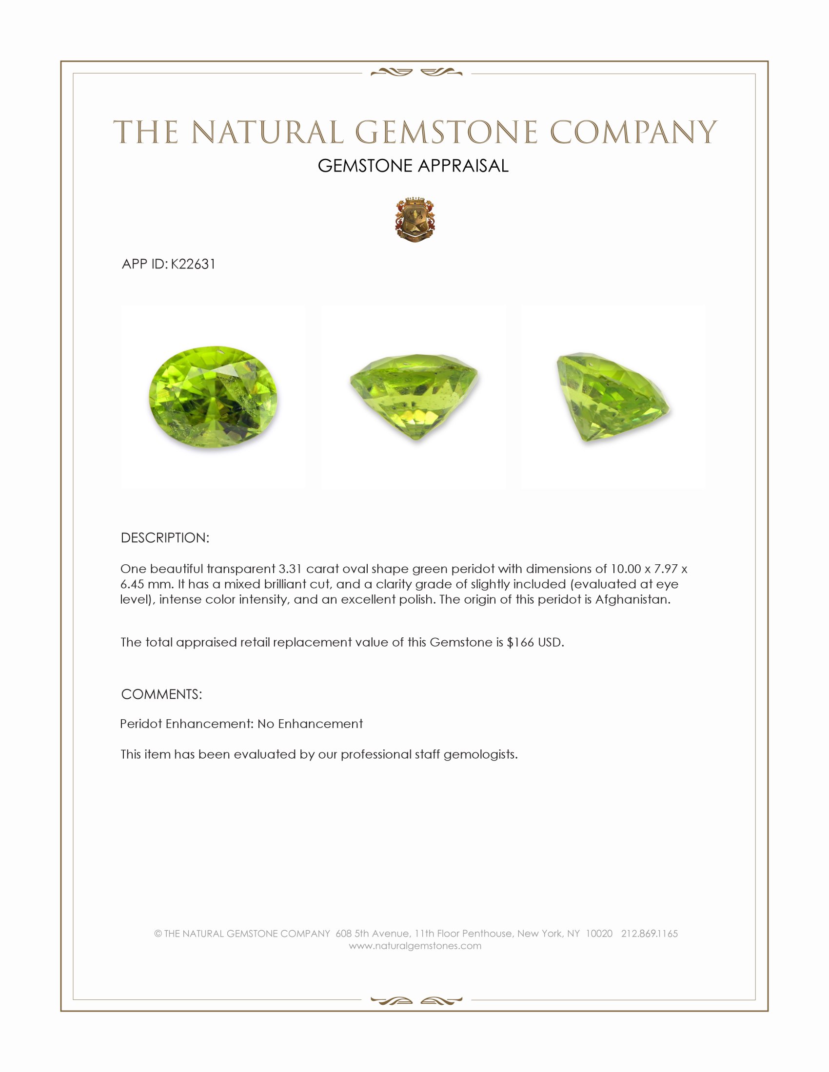 3.31 Ct. Green (Lime Green) Peridot from Afghanistan