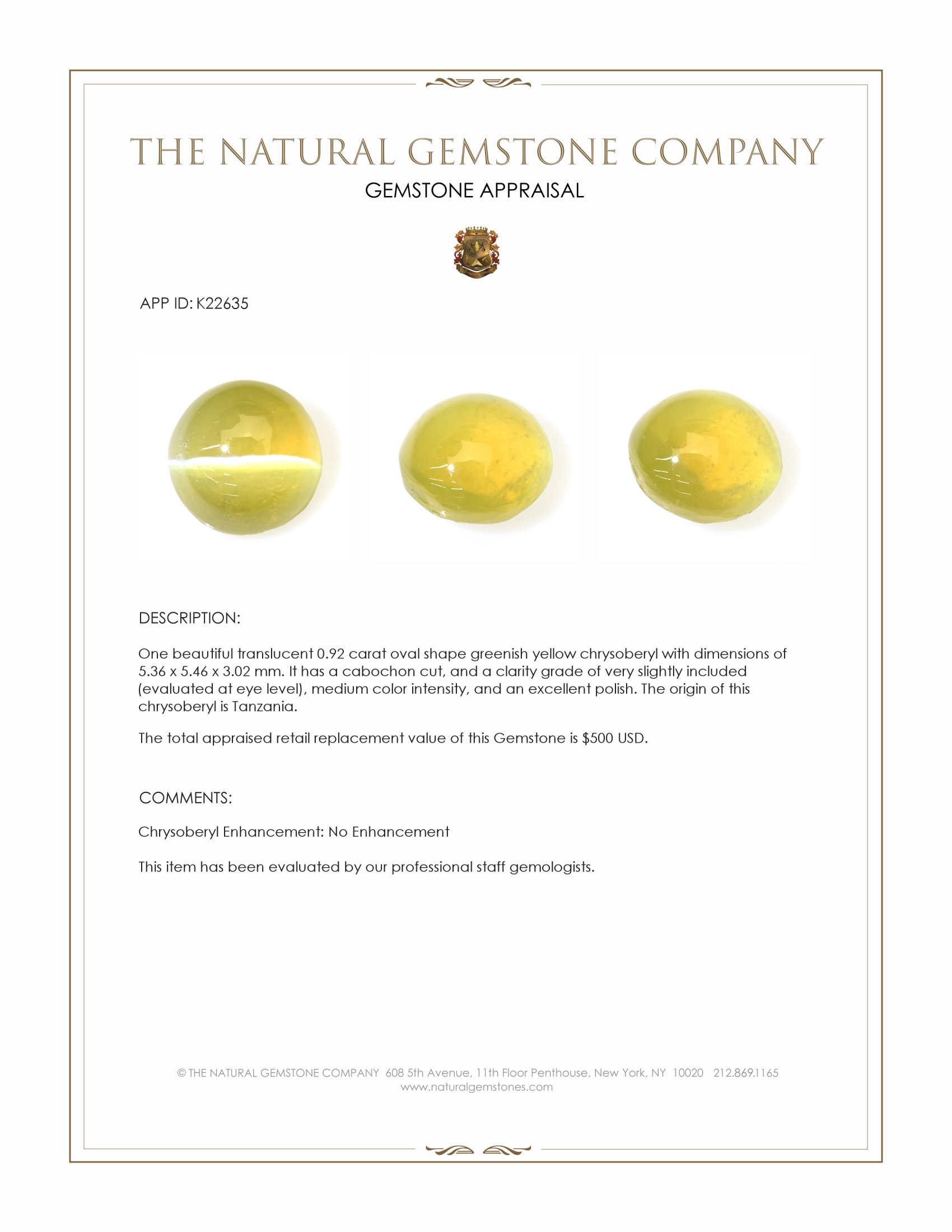 0.92 Ct. Greenish Yellow Cabochon Chrysoberyl from Tanzania