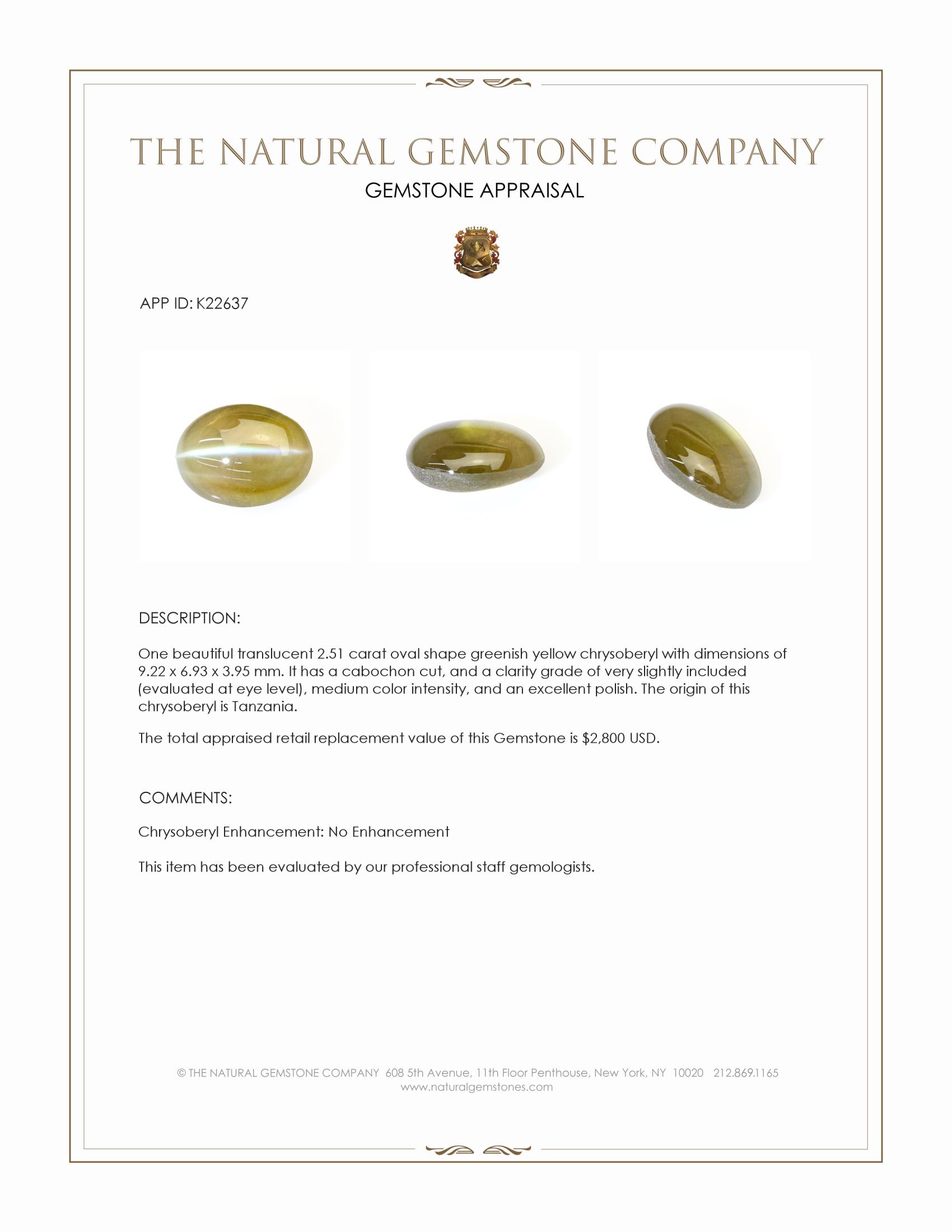 2.51 Ct. Cabochon Chrysoberyl from Tanzania