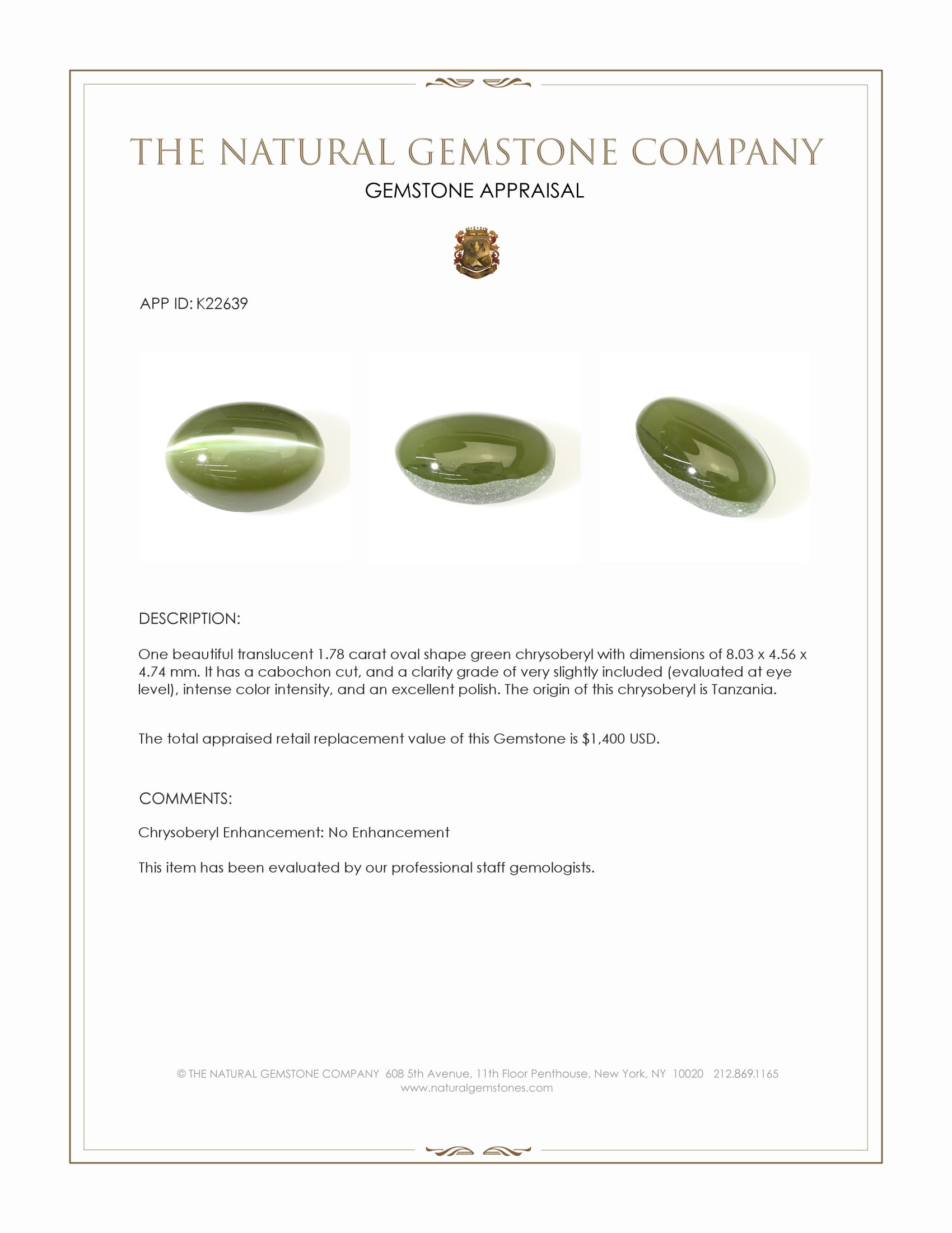 1.78 Ct. Green Cabochon Chrysoberyl from Tanzania