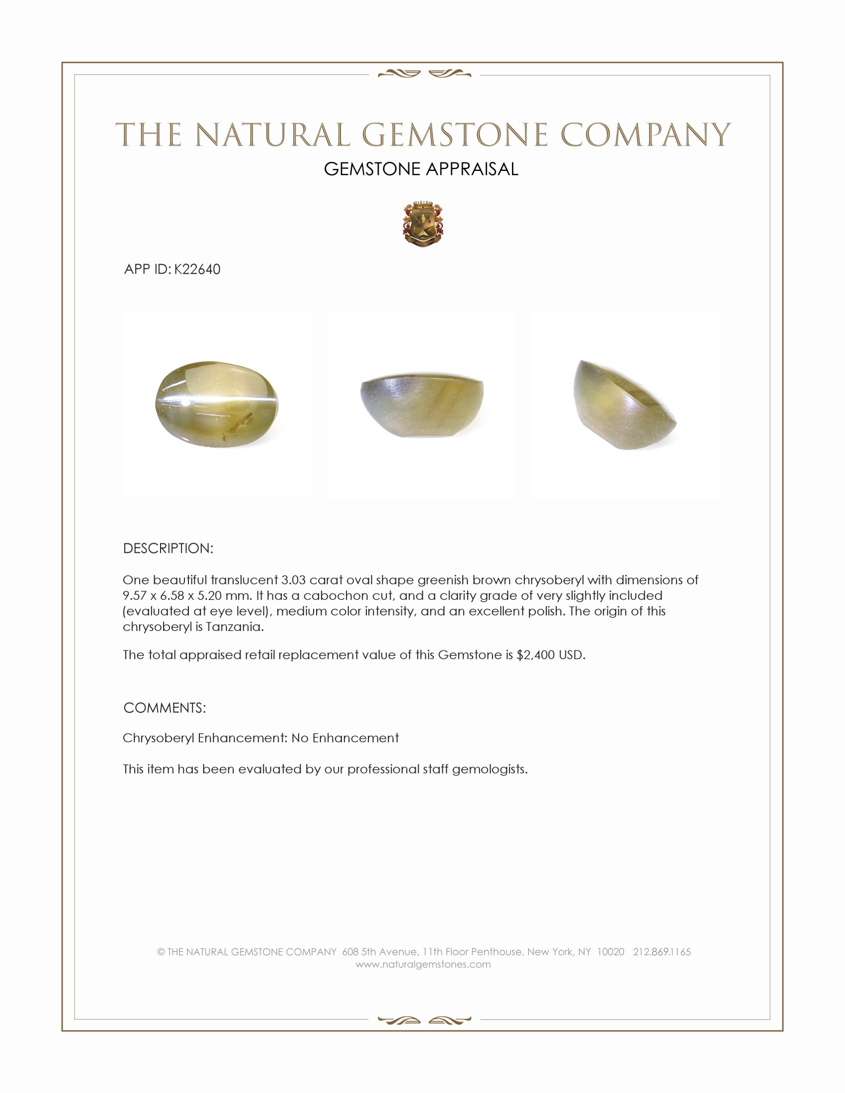 3.03 Ct. Cabochon Chrysoberyl from Tanzania