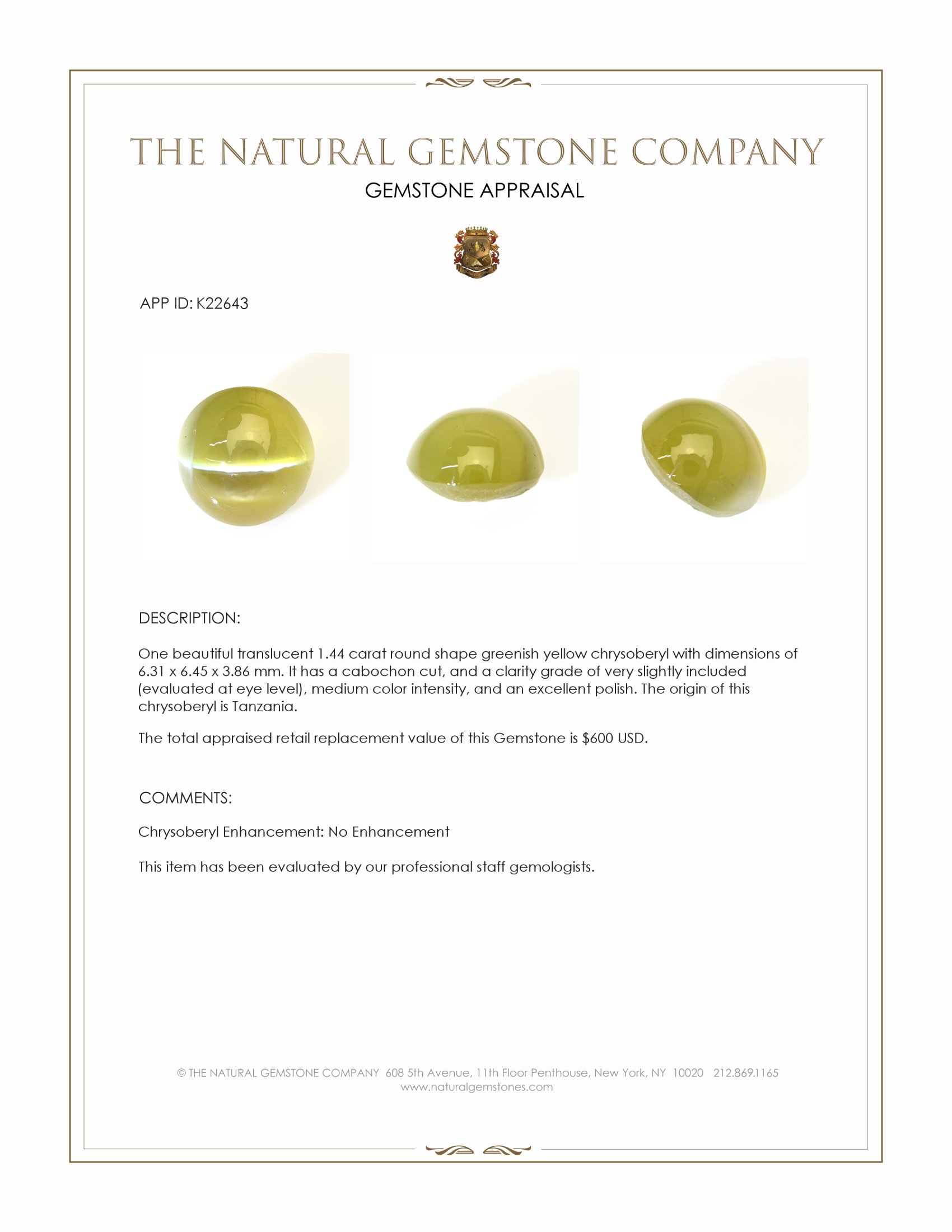 1.44 Ct. Greenish Yellow Cabochon Chrysoberyl from Tanzania