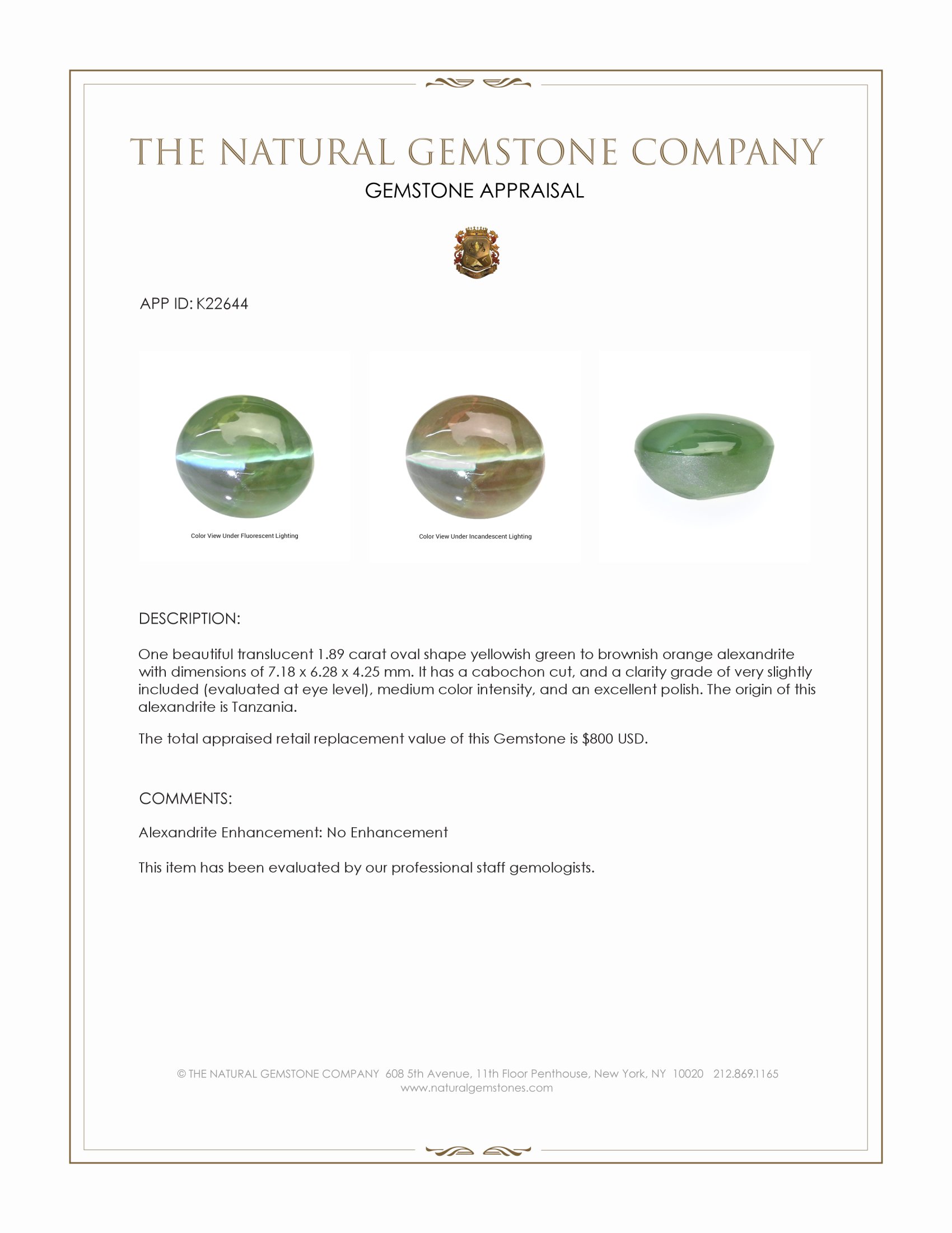 1.89 Ct. Cabochon Alexandrite from Tanzania