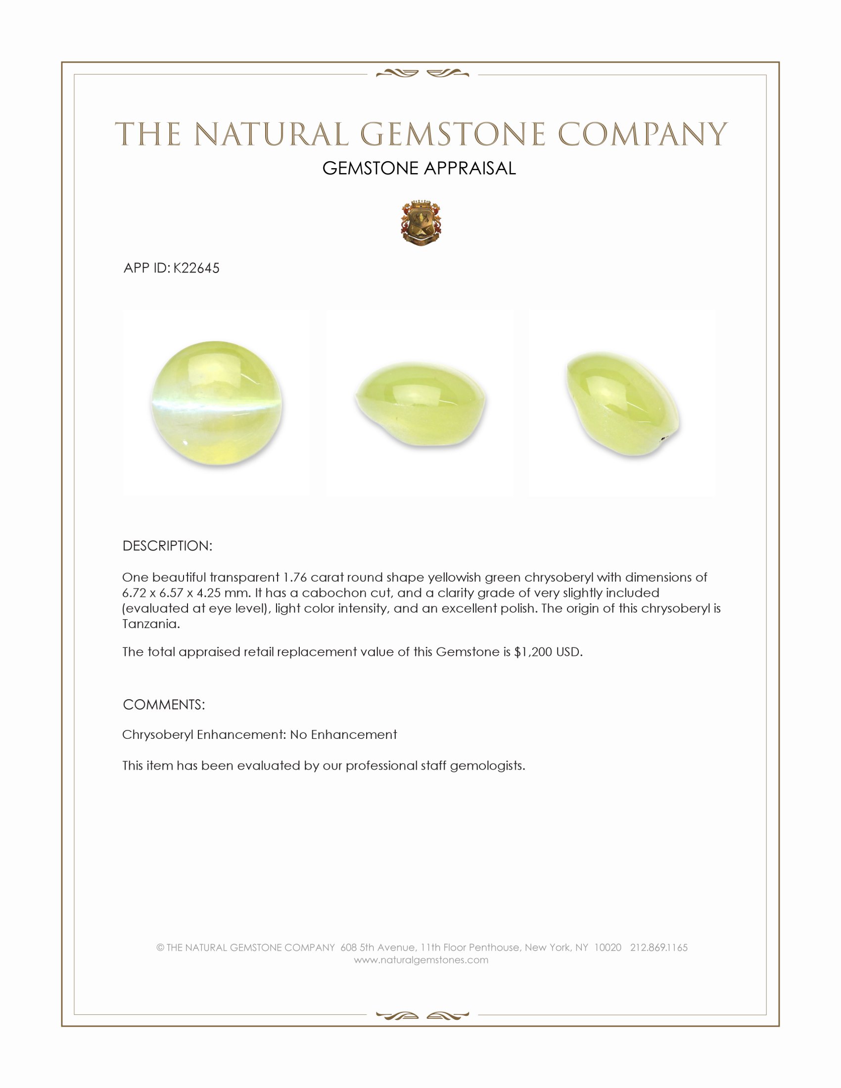 1.76 Ct. Yellowish Green Cabochon Chrysoberyl from Tanzania