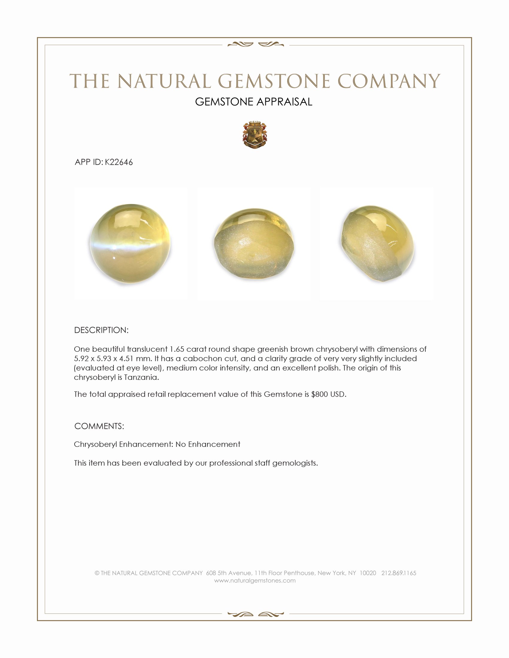 1.65 Ct. Greenish Brown Cabochon Chrysoberyl from Tanzania