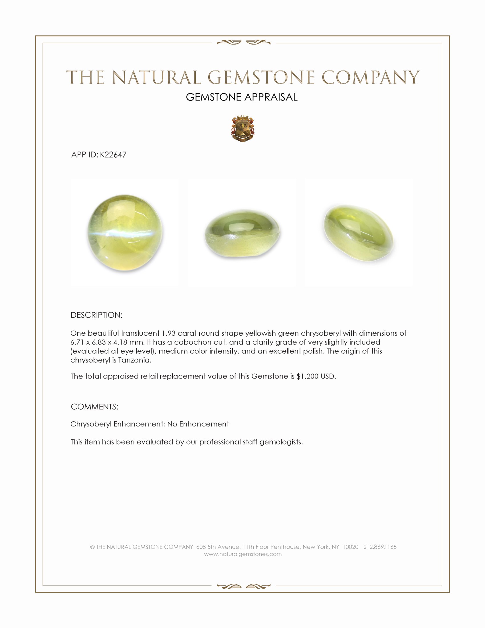 1.93 Ct. Yellowish Green Cabochon Chrysoberyl from Tanzania