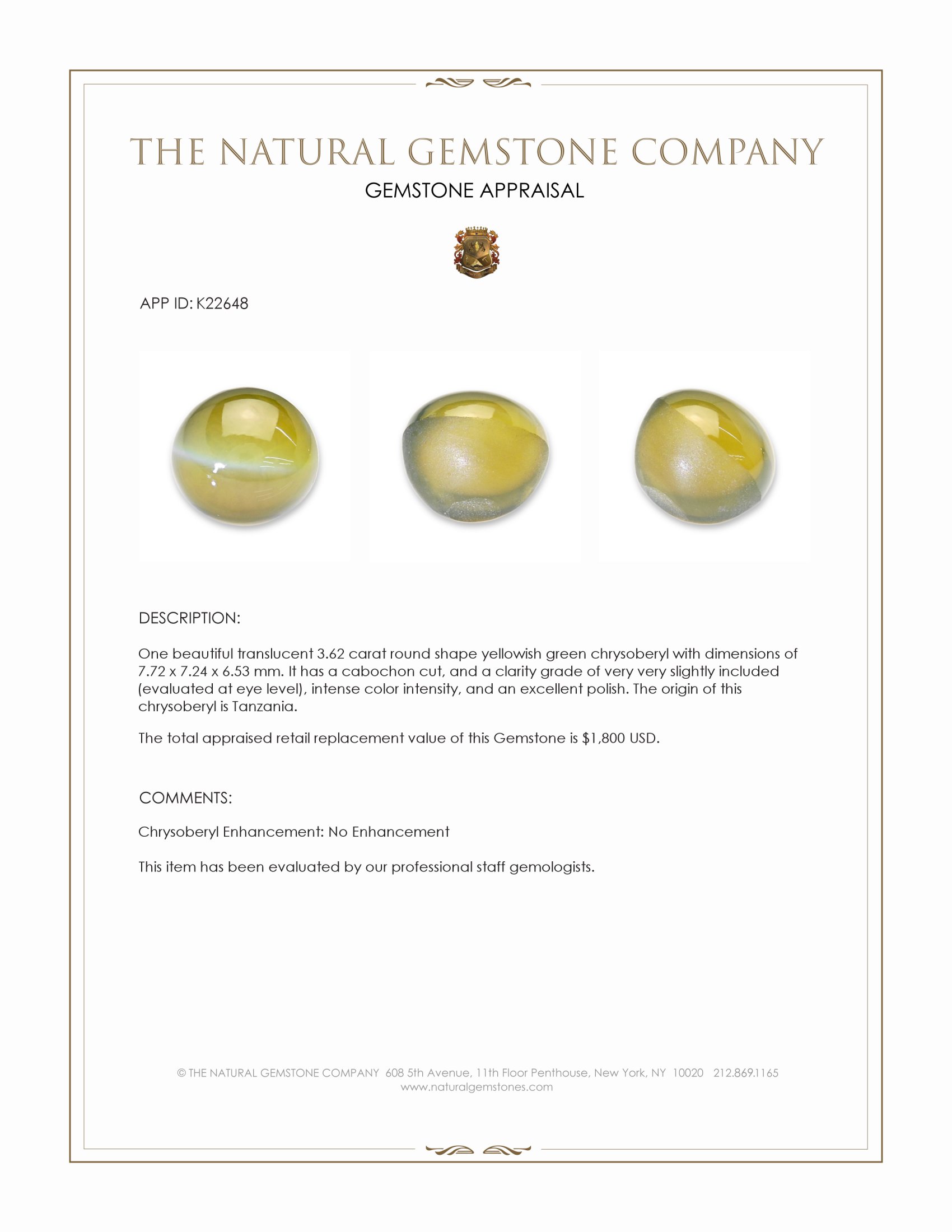 3.62 Ct. Yellowish Green Cabochon Chrysoberyl from Tanzania