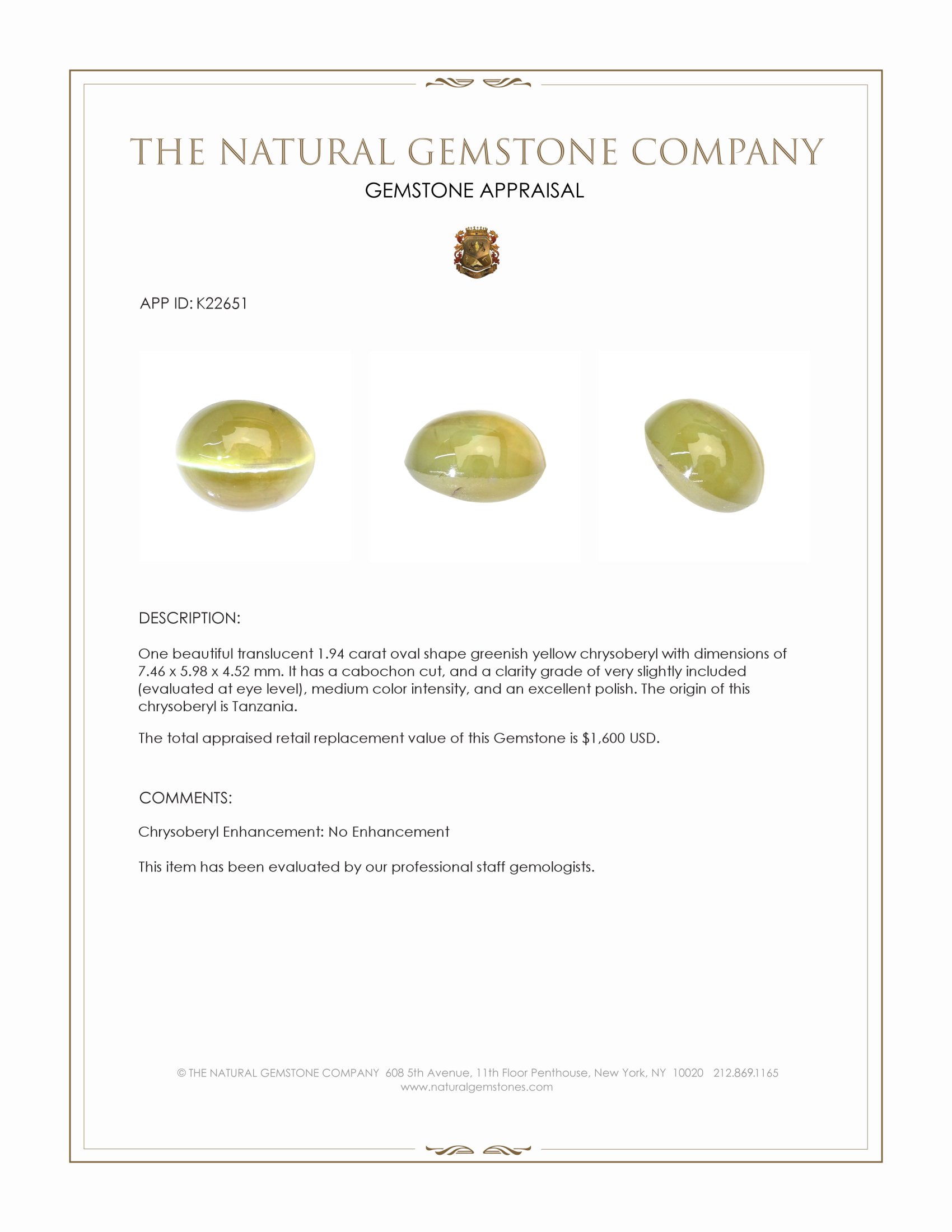 1.94 Ct. Greenish Yellow Cabochon Chrysoberyl from Tanzania