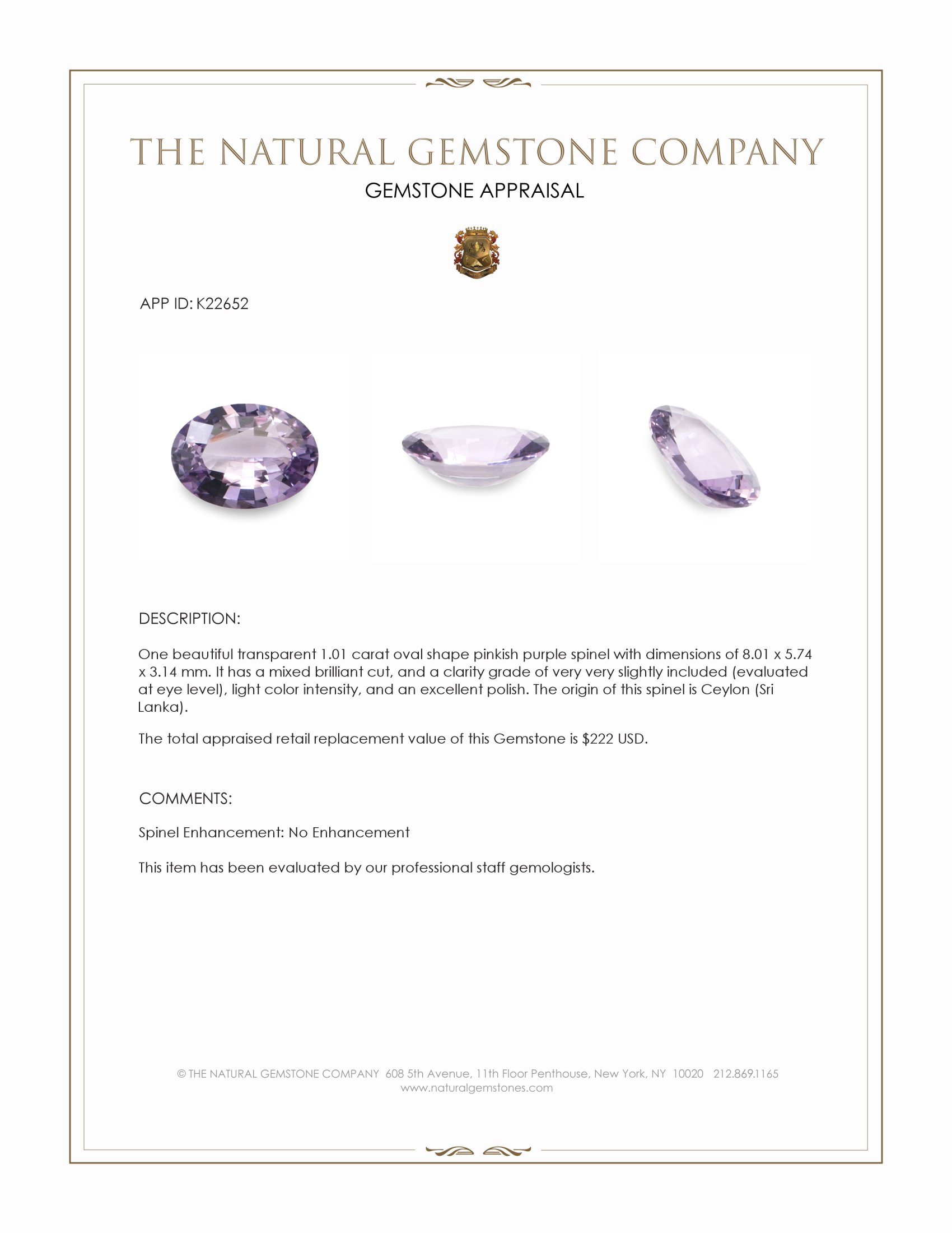 1.01 Ct. Purple Spinel from Ceylon (Sri Lanka)