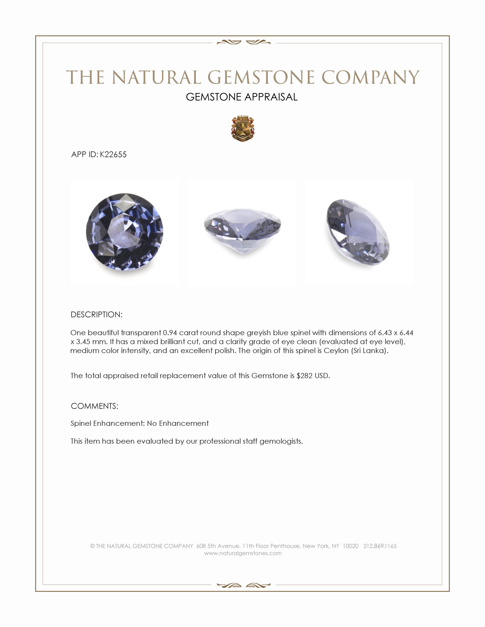 0.94 Ct. Greyish Blue Spinel from Ceylon (Sri Lanka)