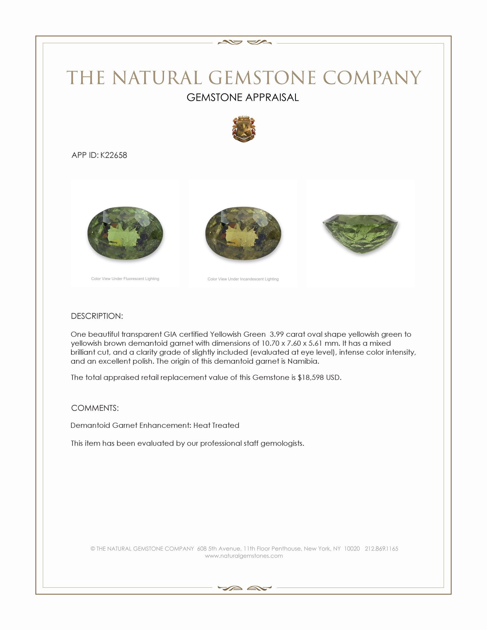 3.99 Ct. Yellowish Green to Yellowish Brown Demantoid Garnet from Namibia