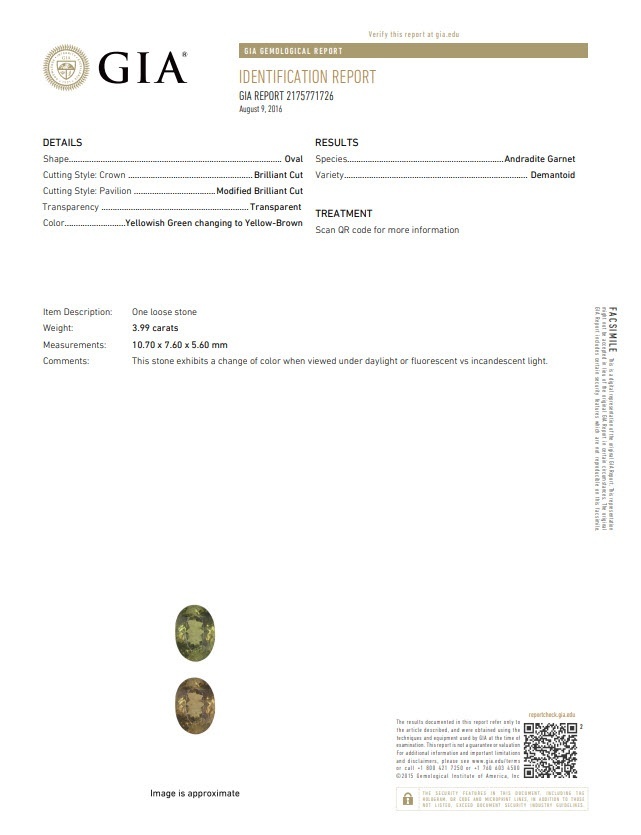 3.99 Ct. Yellowish Green to Yellowish Brown Demantoid Garnet from Namibia