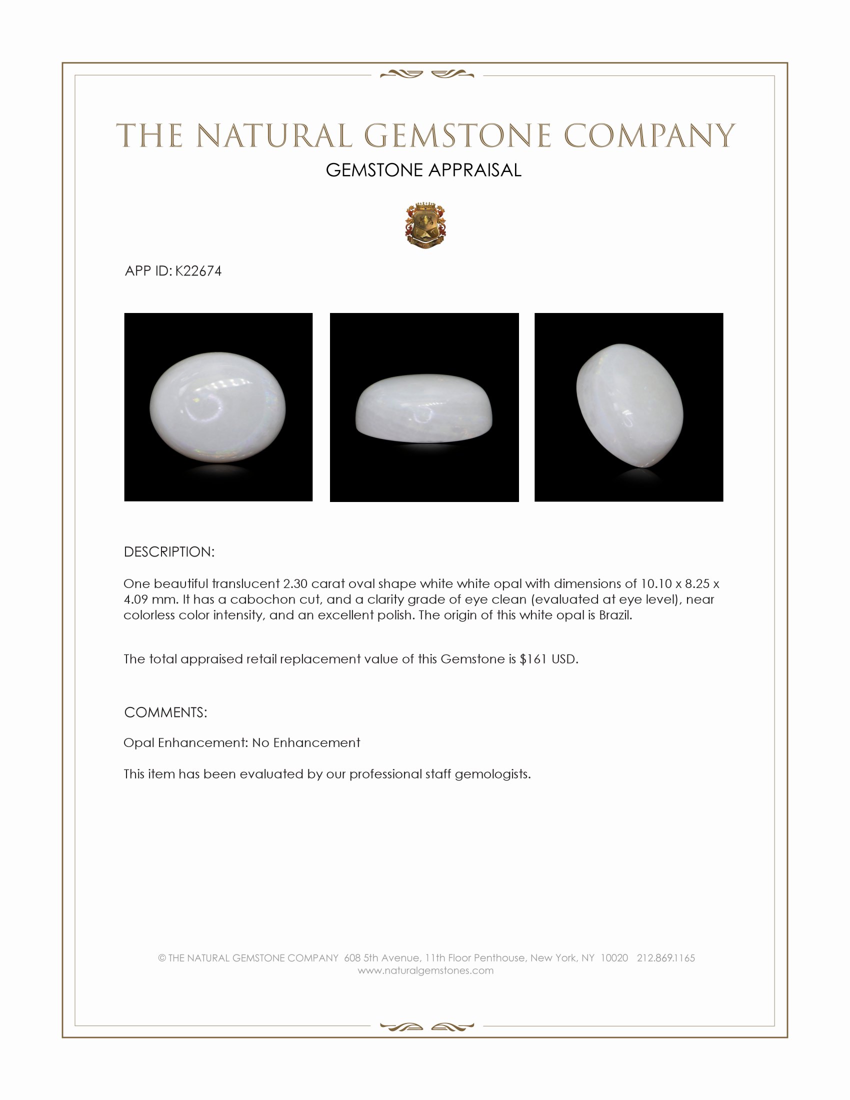 2.30 Ct. Cabochon White Opal from Brazil