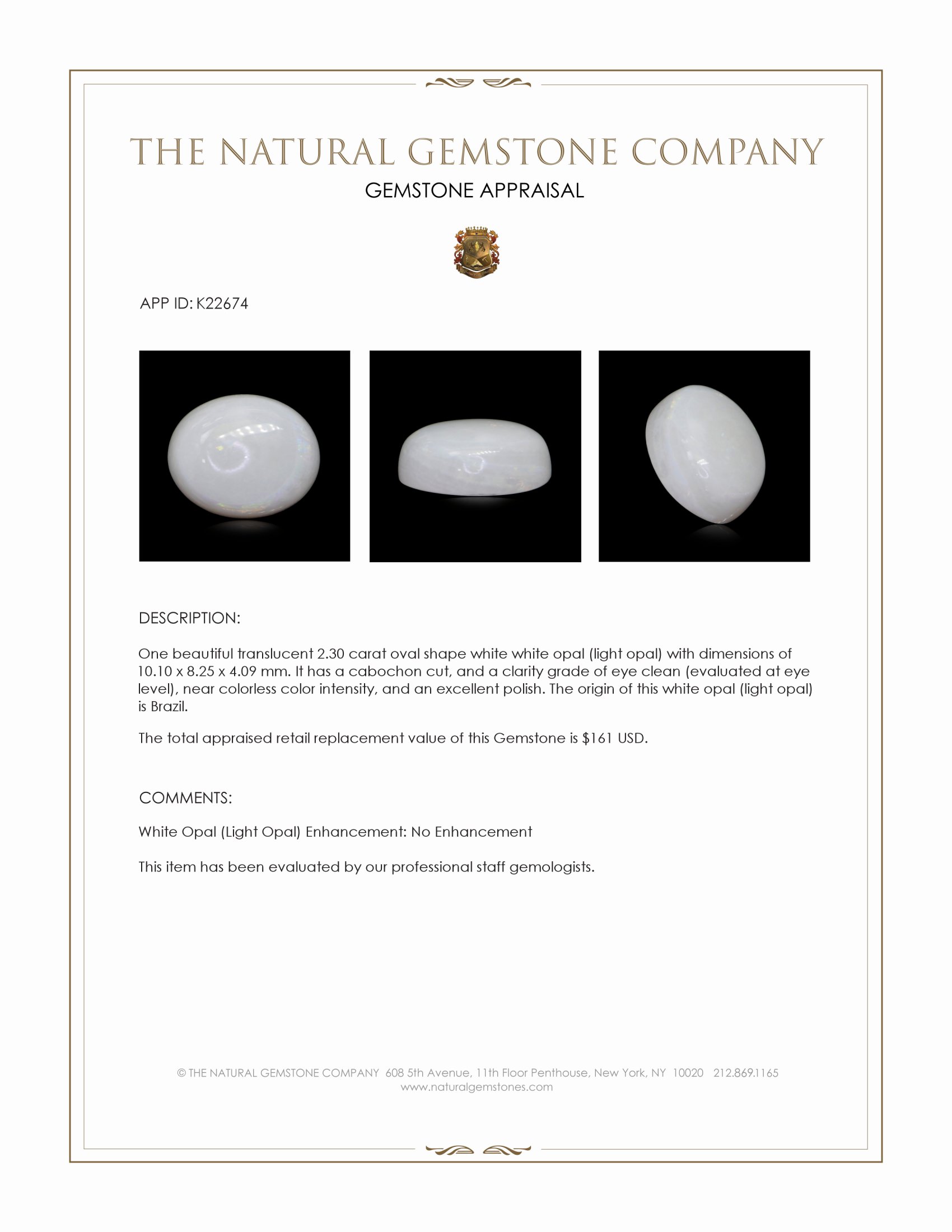 2.30 Ct. White Cabochon White Opal (Light Opal) from Brazil