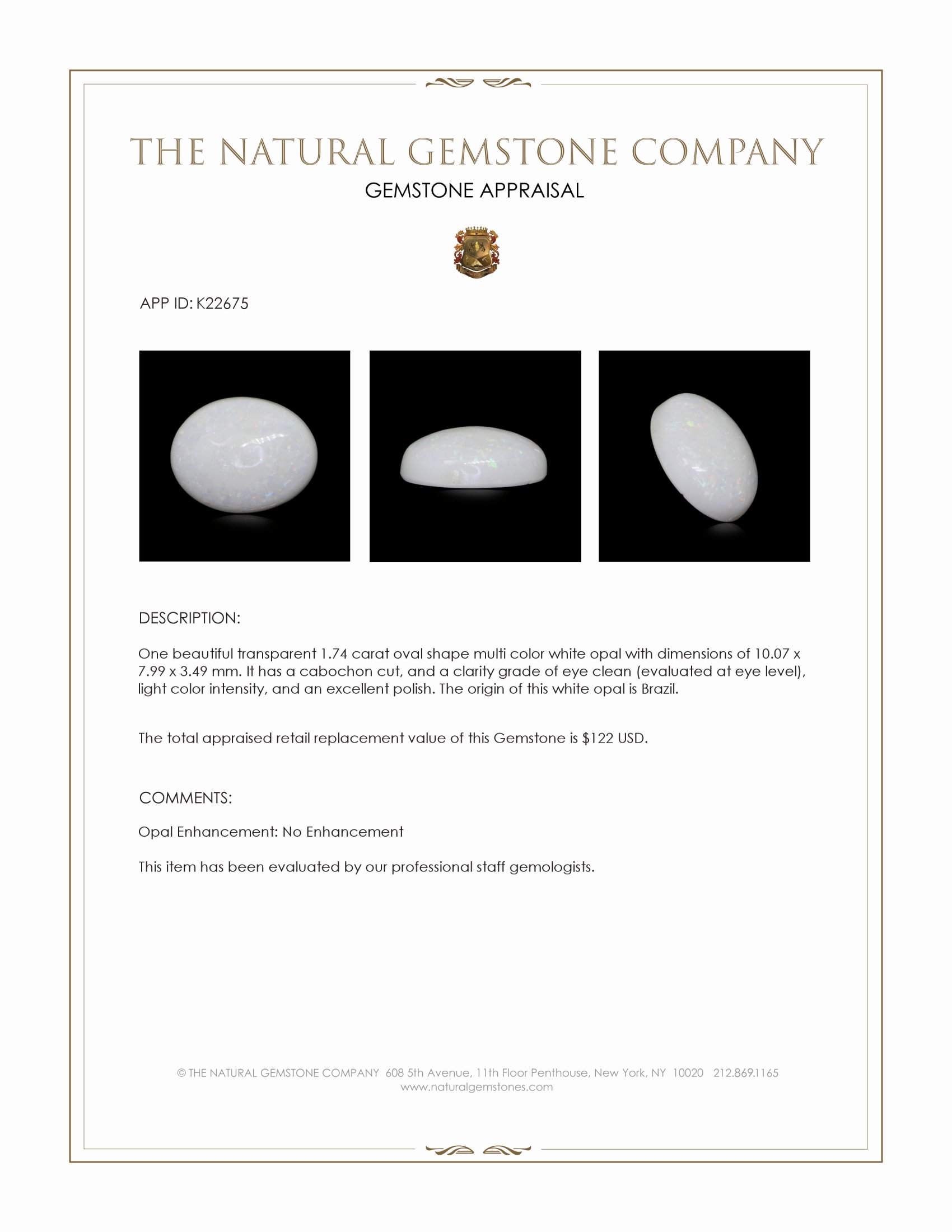 1.74 Ct. Cabochon White Opal from Brazil