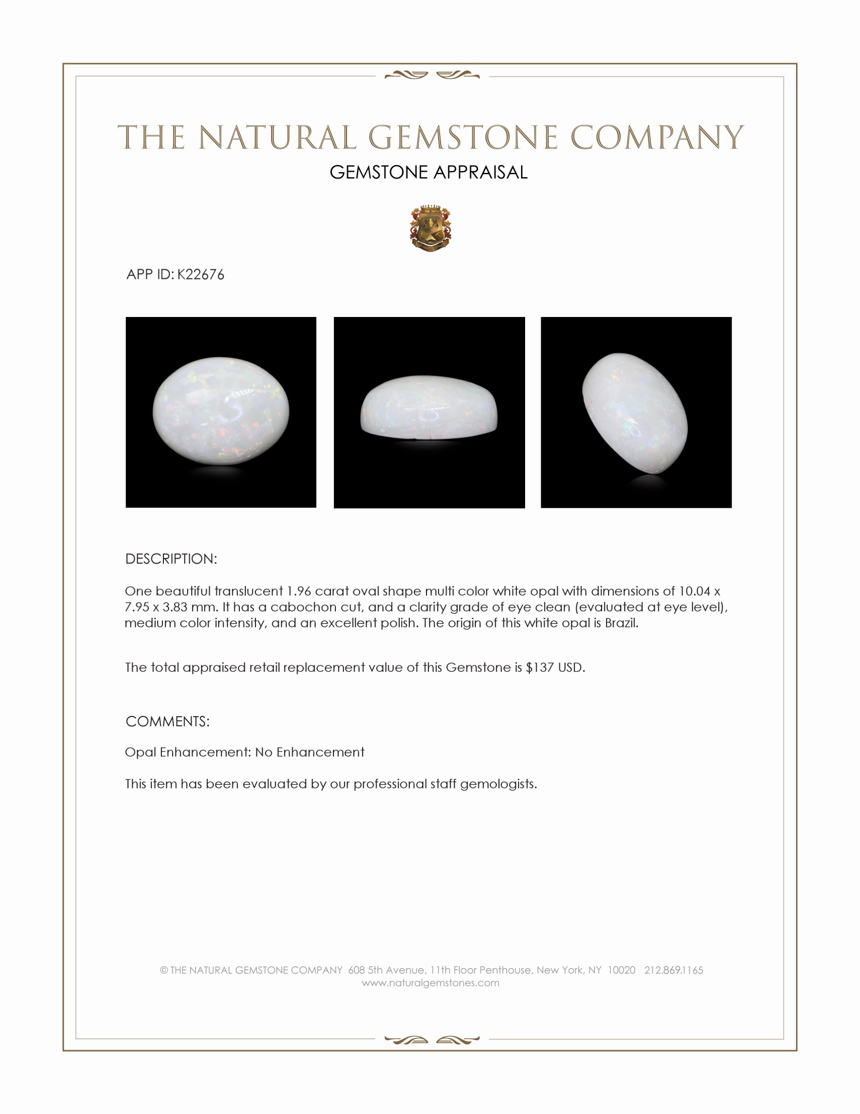 1.96 Ct. Cabochon White Opal from Brazil