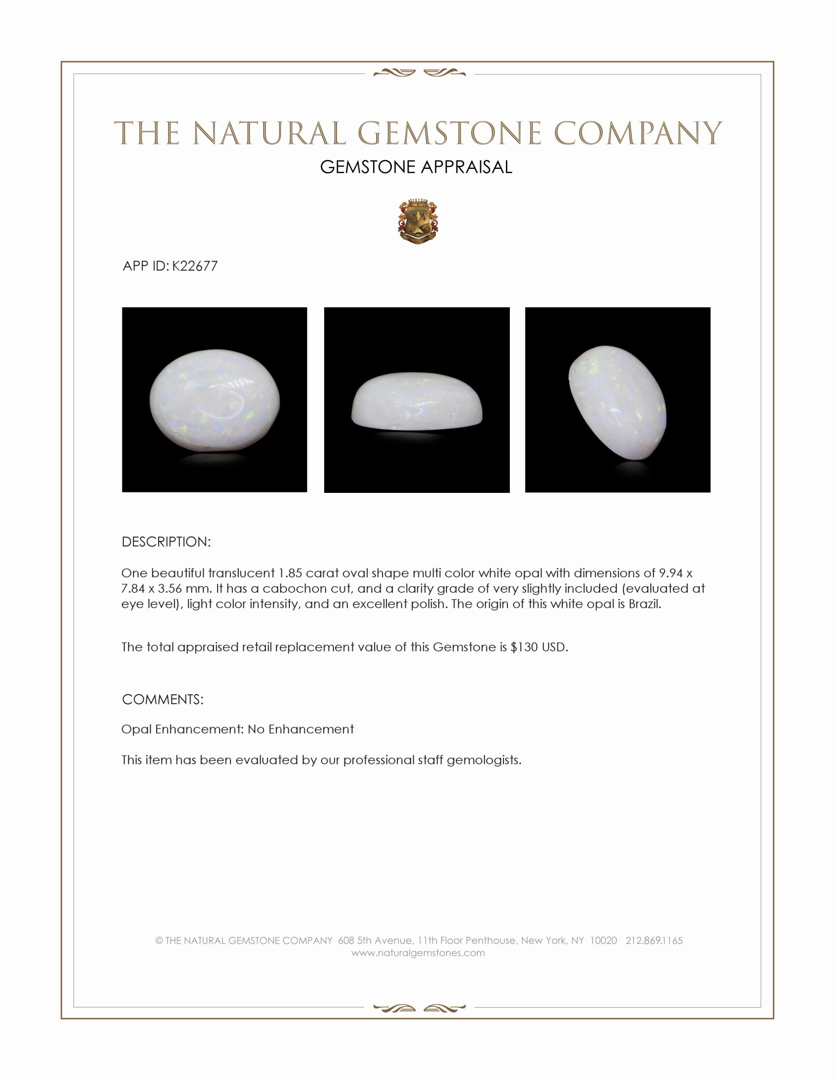 1.85 Ct. Cabochon White Opal from Brazil