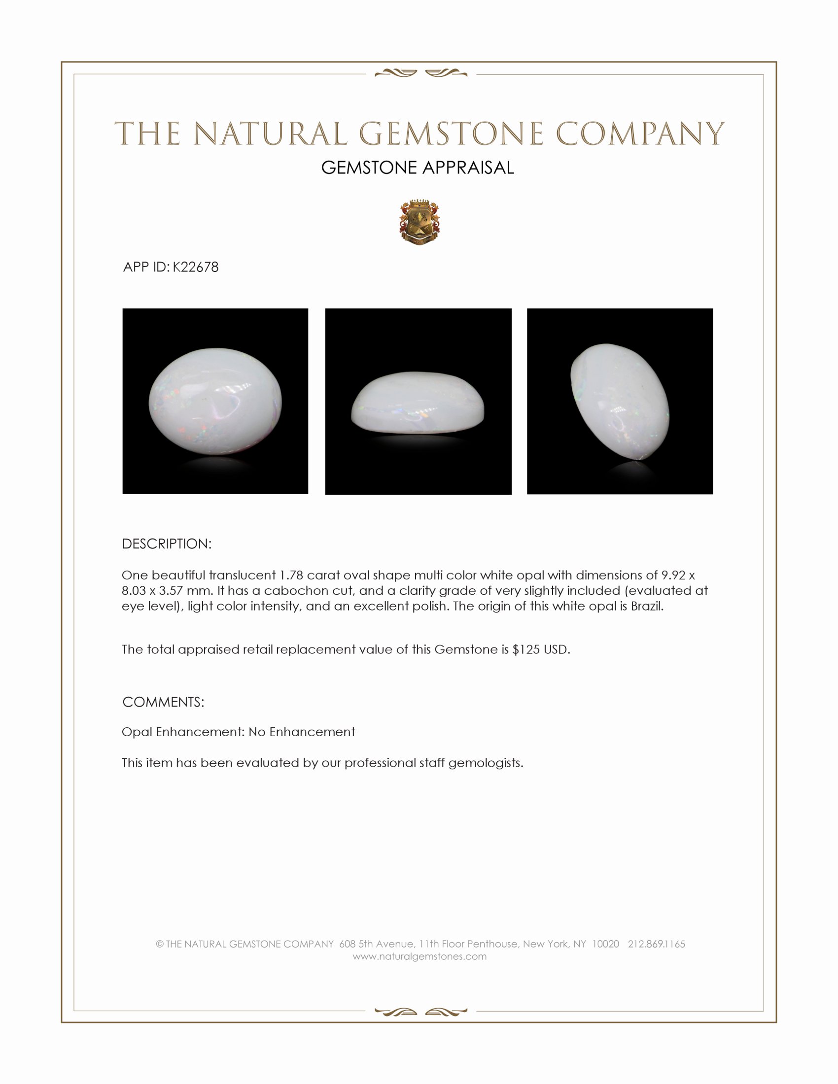 1.78 Ct. Cabochon White Opal from Brazil