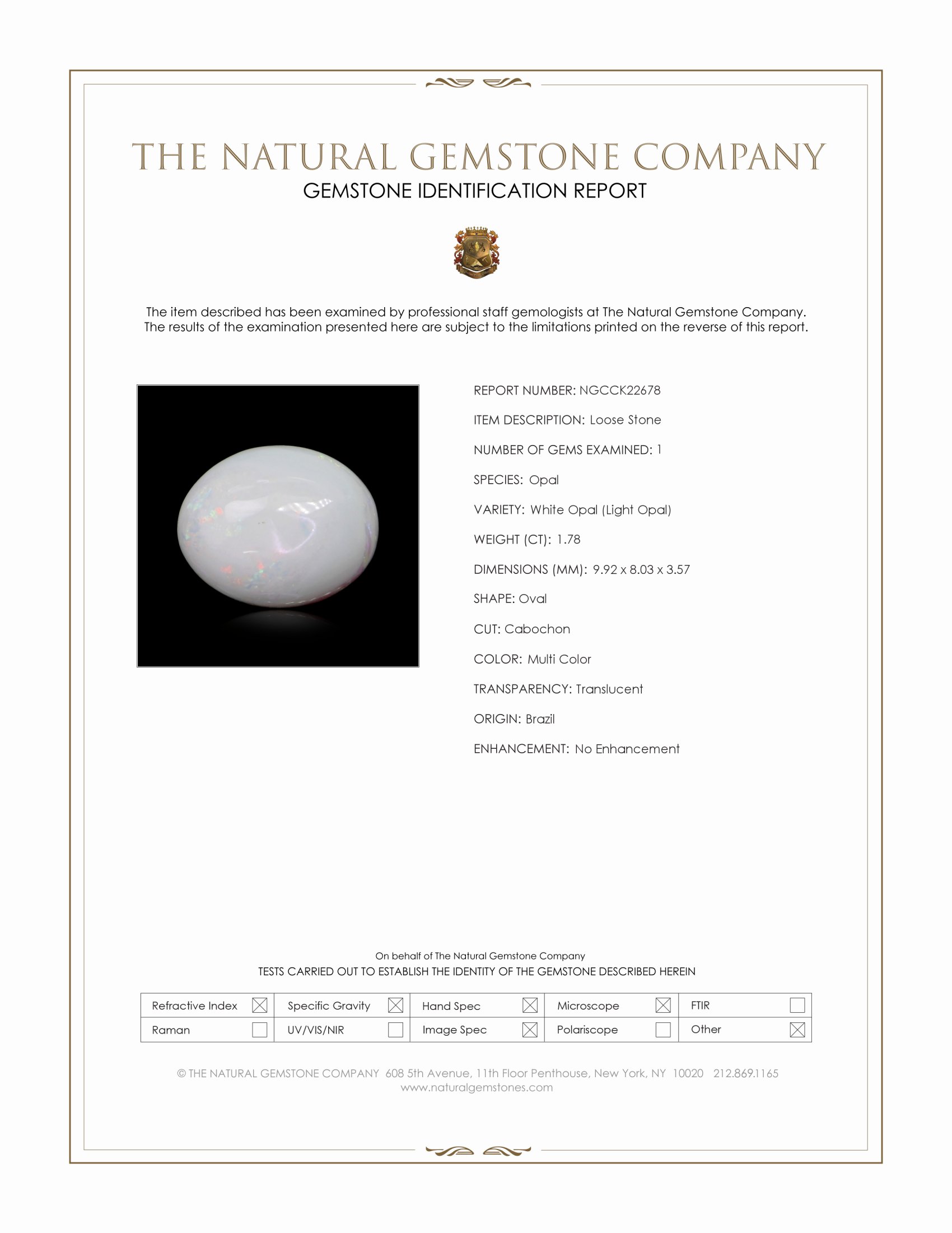 1.78 Ct. Multi Color Cabochon White Opal (Light Opal) from Brazil