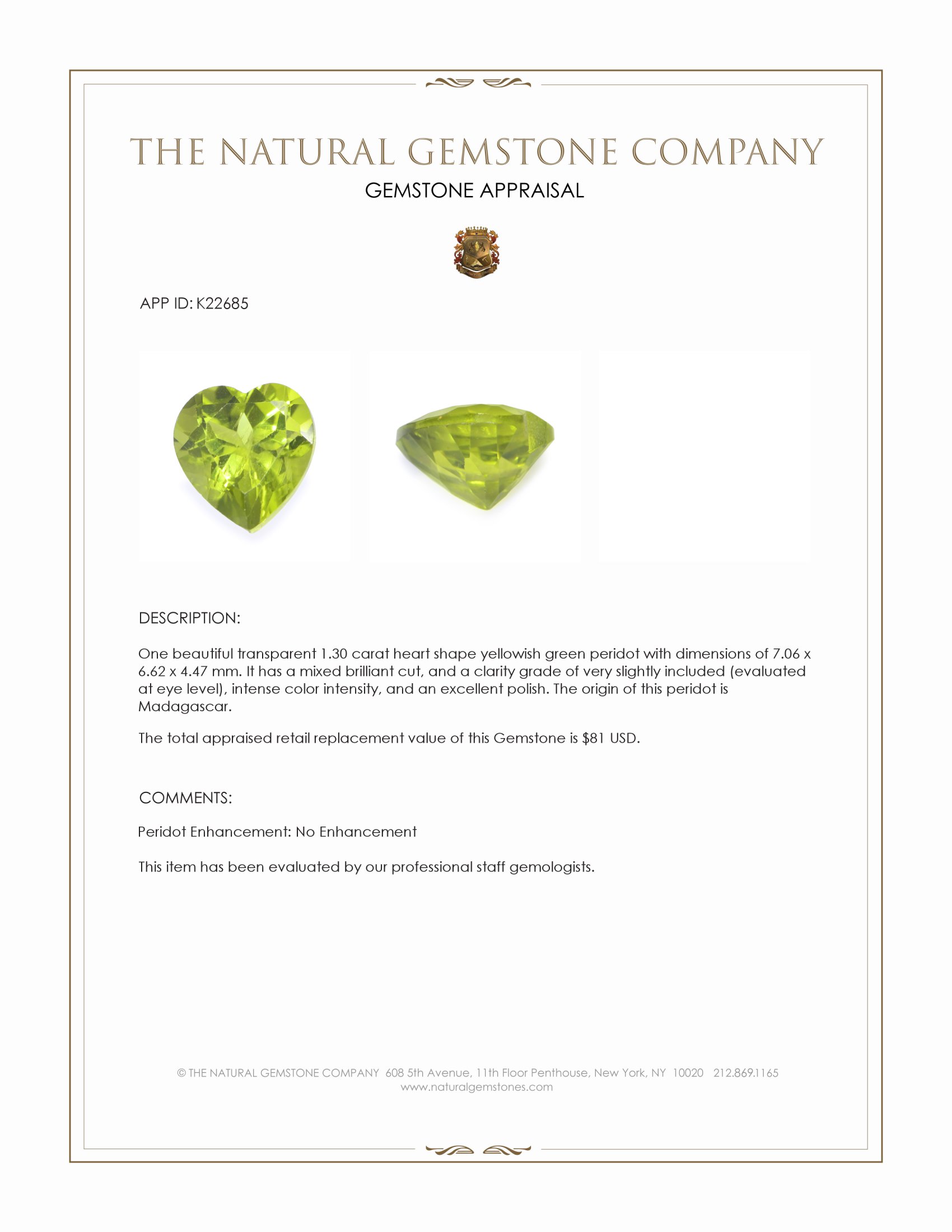 1.30 Ct. Yellowish Green Peridot from Madagascar