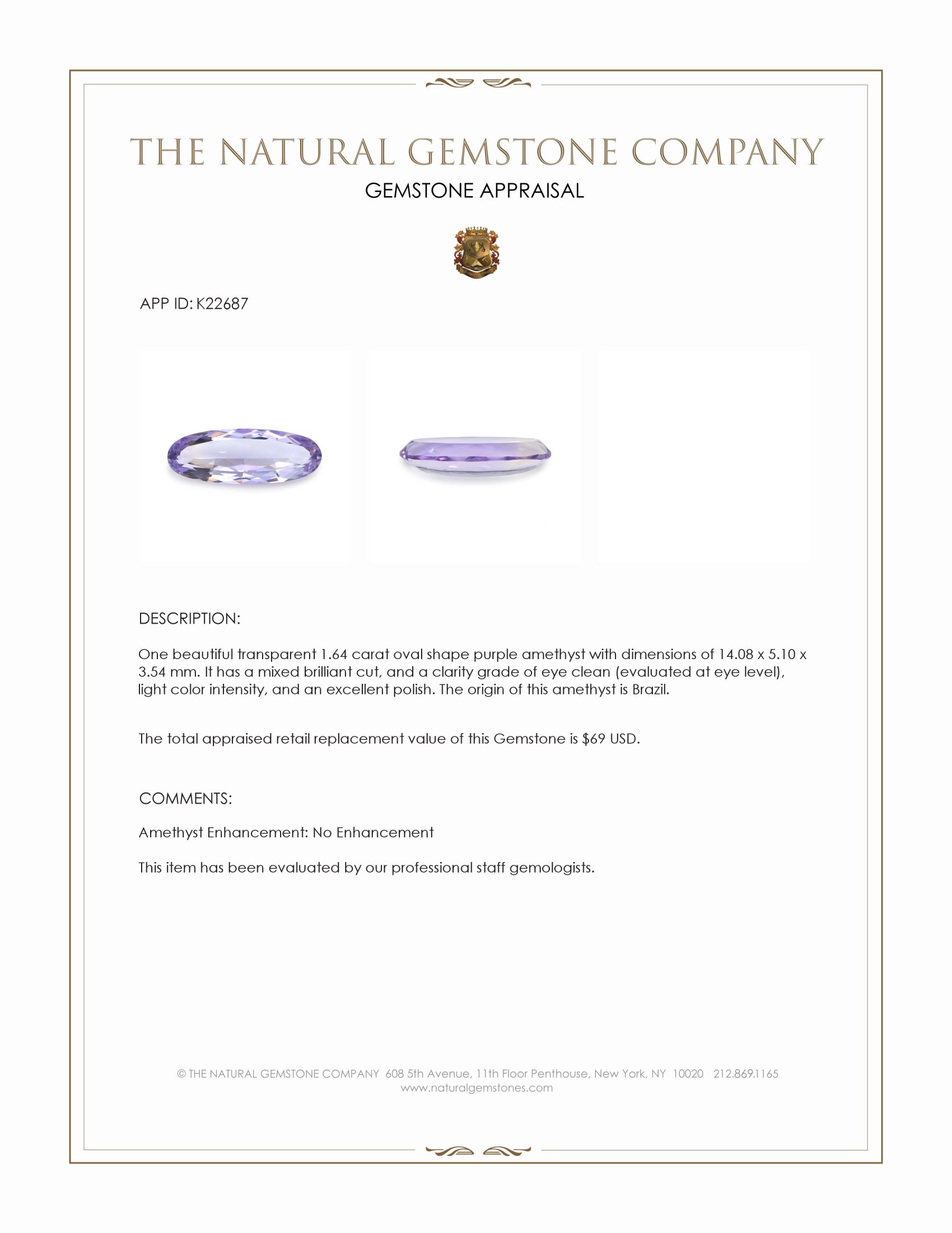 1.64 Ct. Purple Amethyst from Brazil