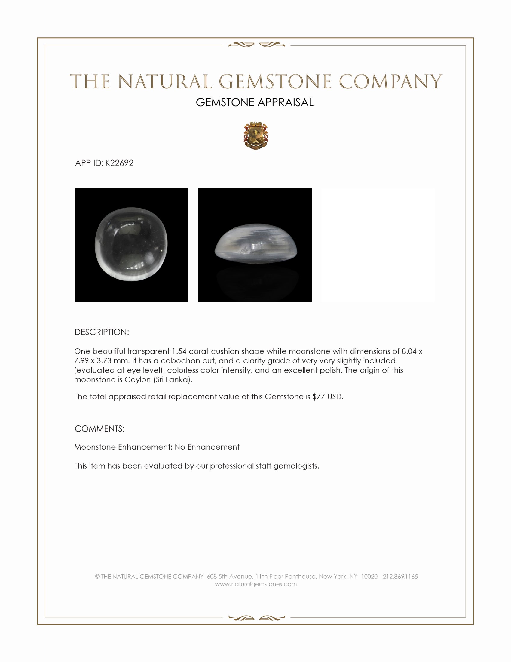 1.54 Ct. Cabochon Moonstone from Ceylon (Sri Lanka)